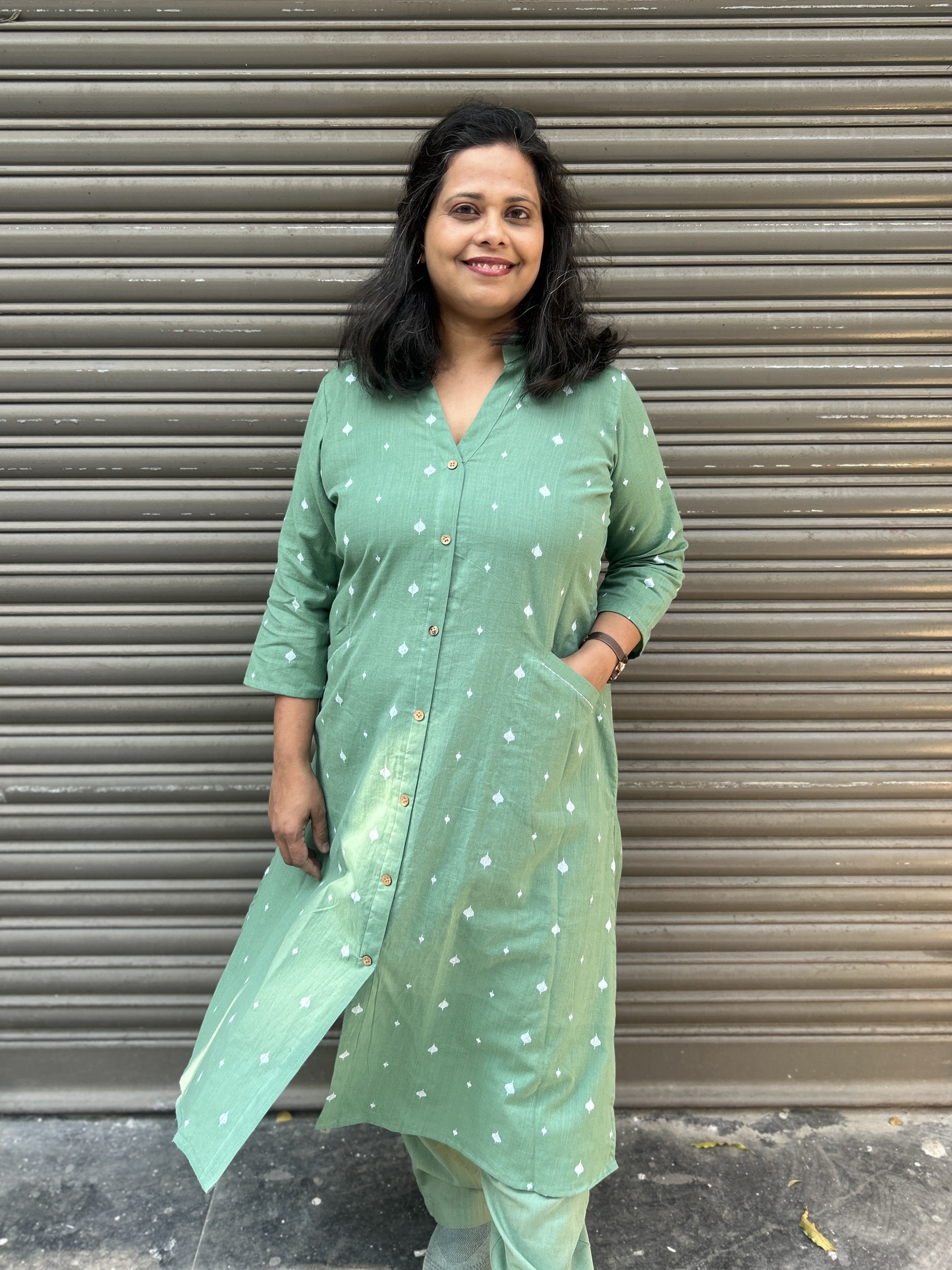 Woman's Semi Festive Cotton Kurti - Sage Green