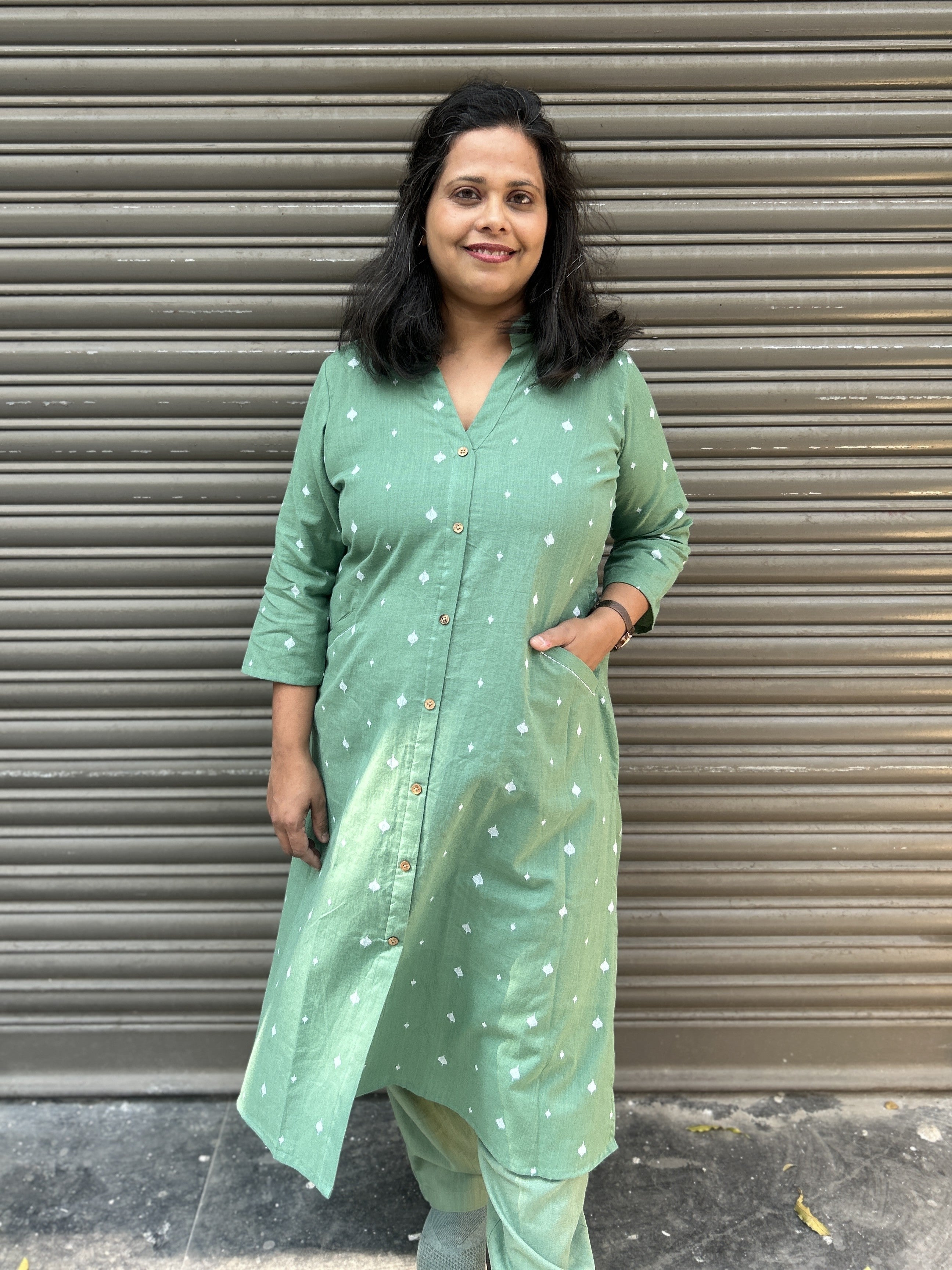 Woman's Semi Festive Cotton Kurti - Sage Green