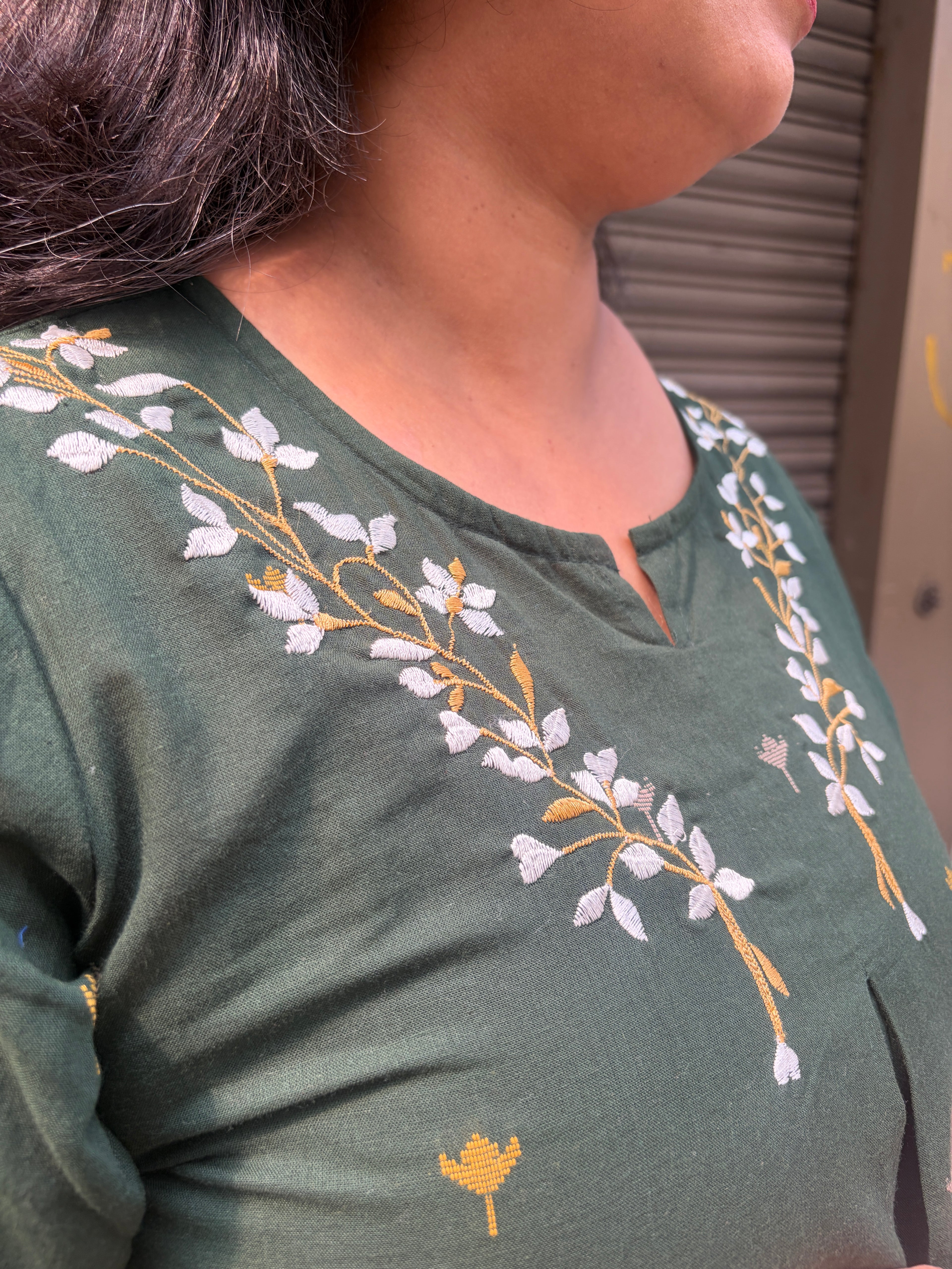 Woman's Semi Festive Cotton Kurti - Green