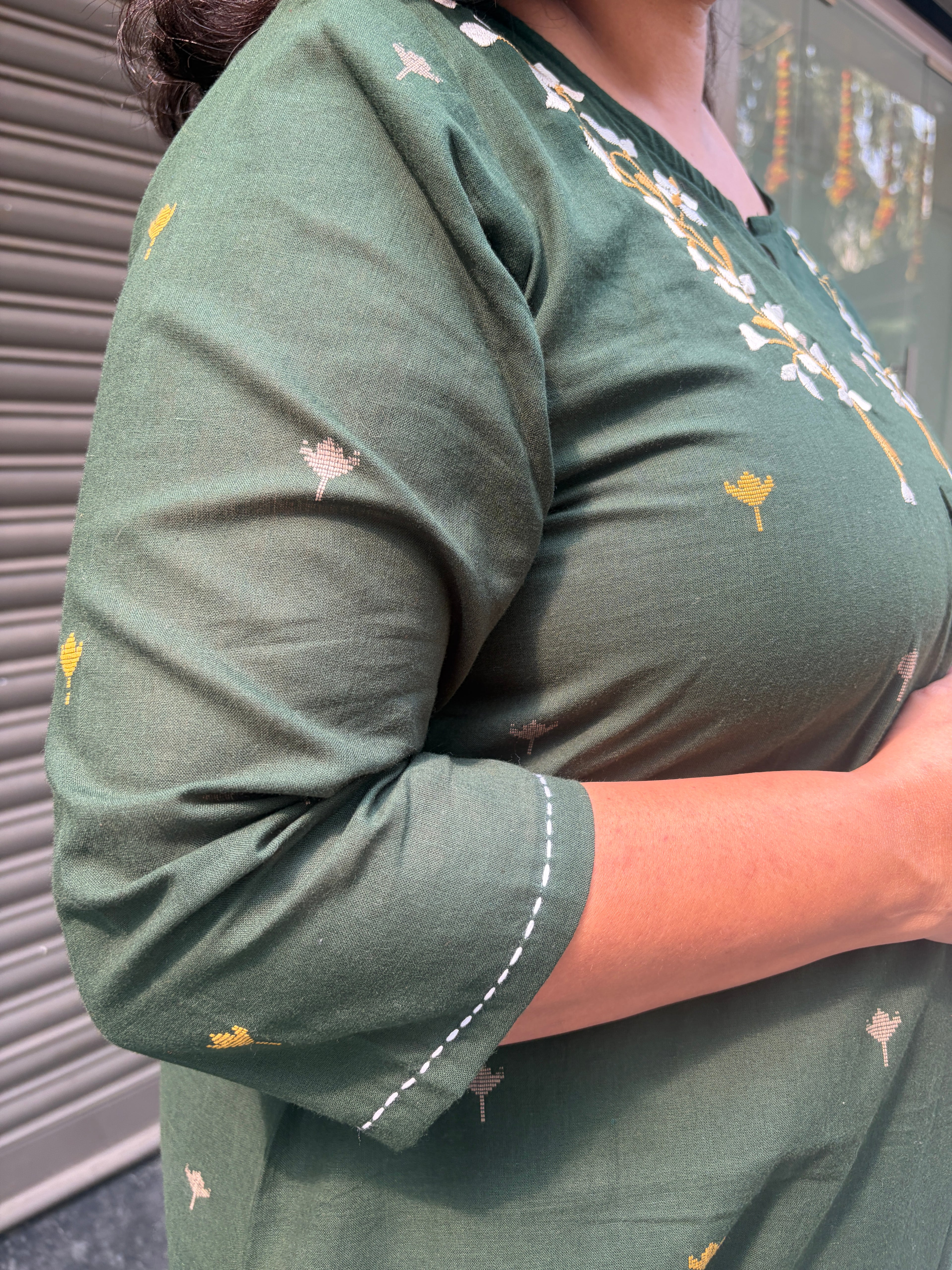 Woman's Semi Festive Cotton Kurti - Green