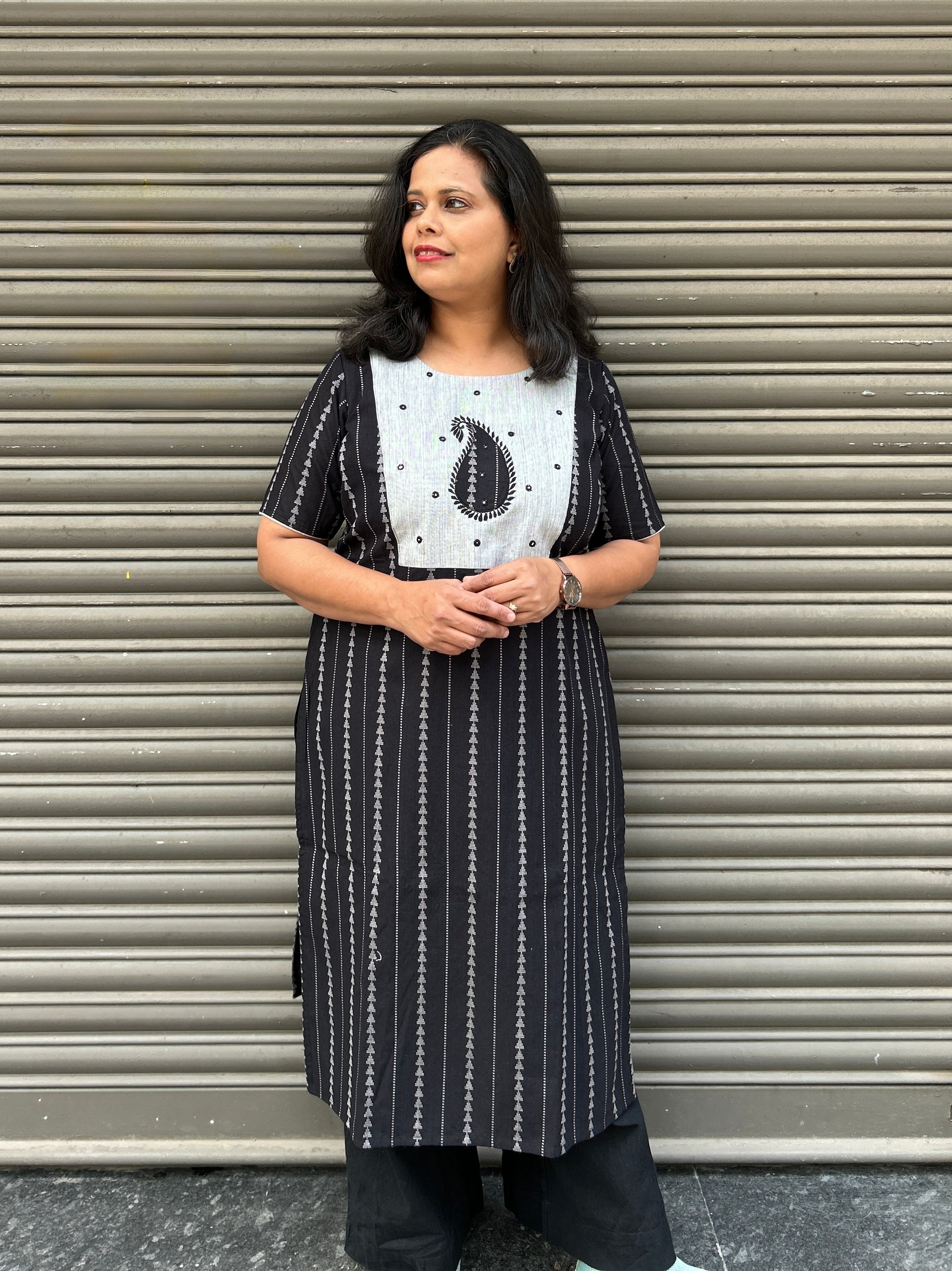 Woman's Semi Festive Cotton Kurti - Black