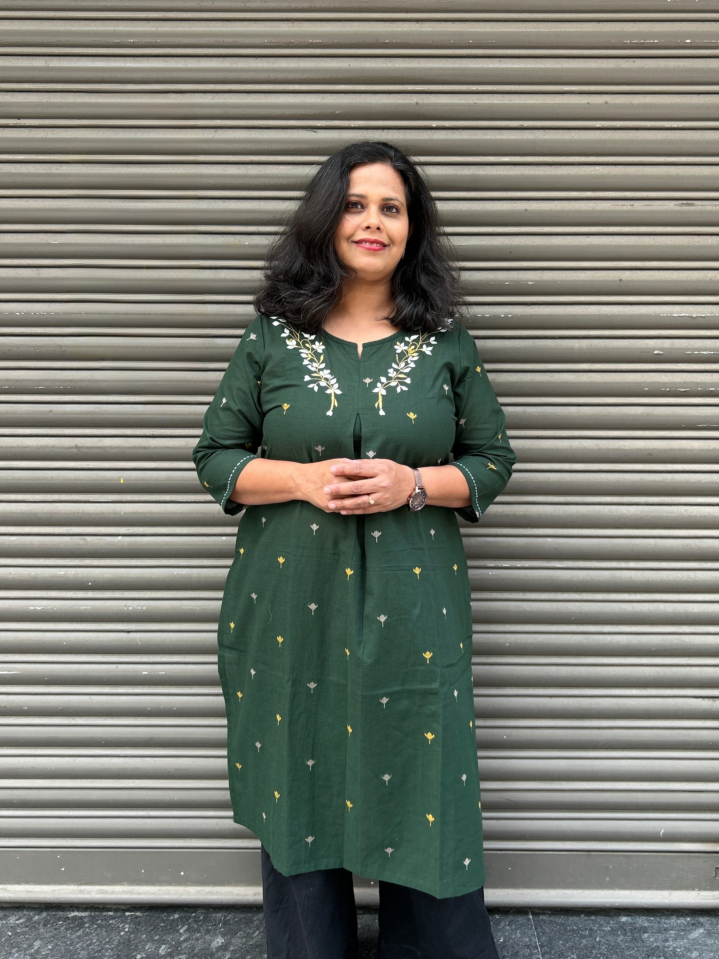Woman's Semi Festive Cotton Kurti - Green