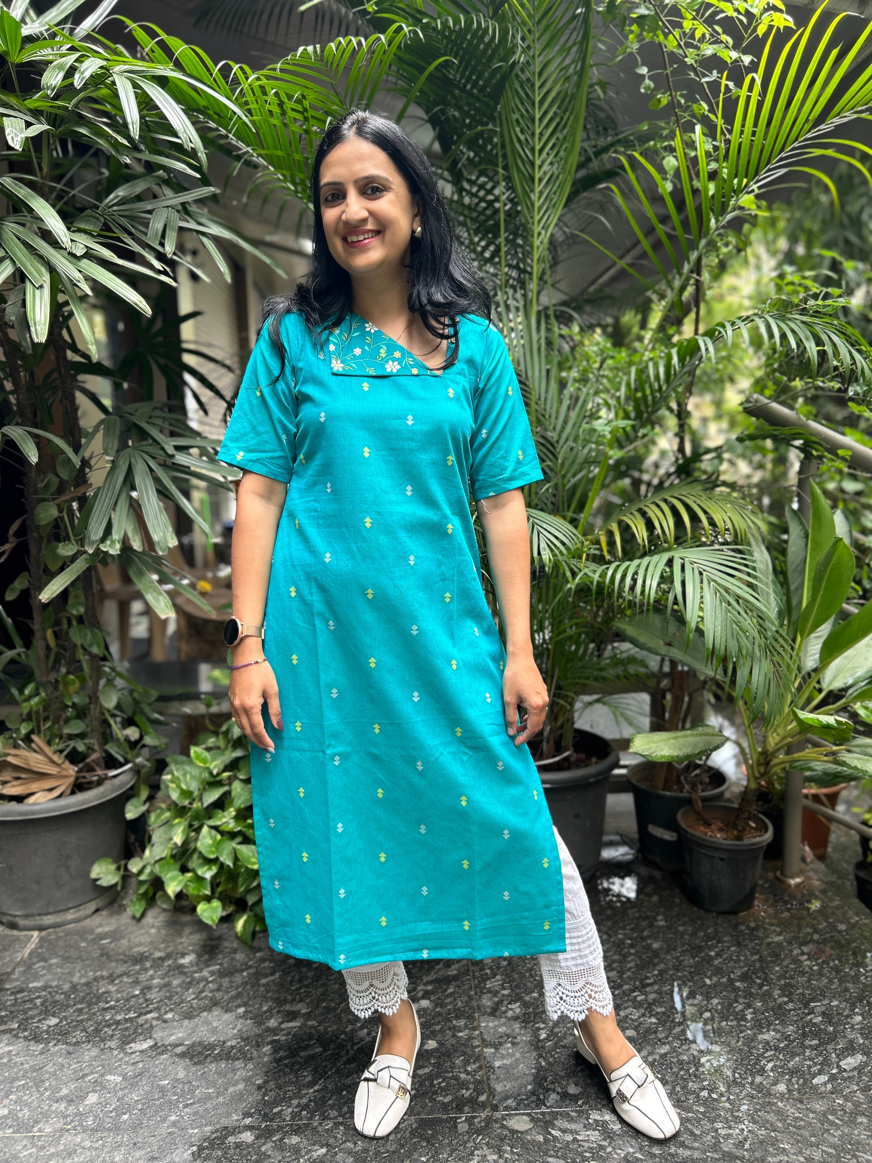 Cotton Kurti with Printed Yoke - Teal