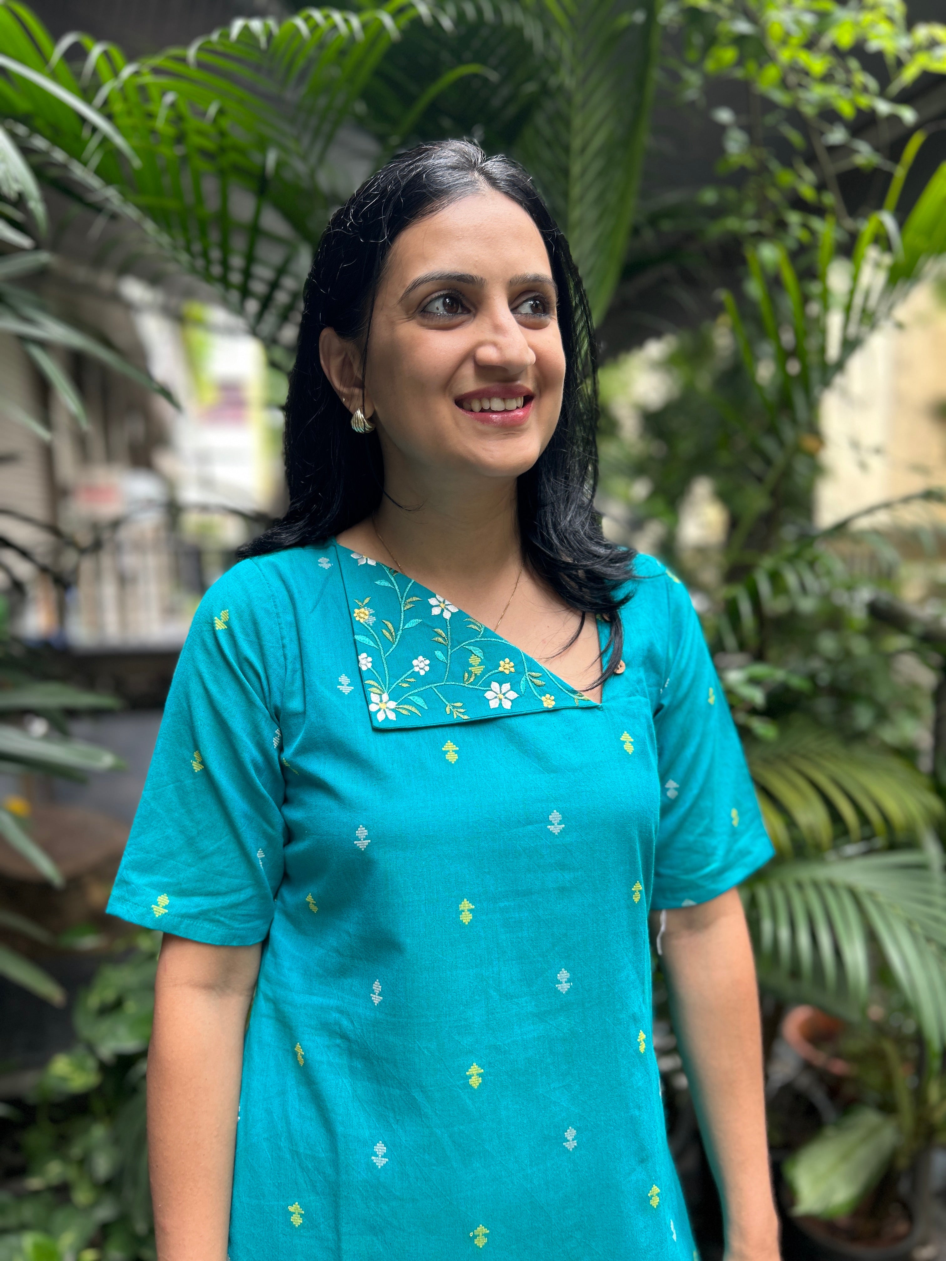 Cotton Kurti with Printed Yoke - Teal