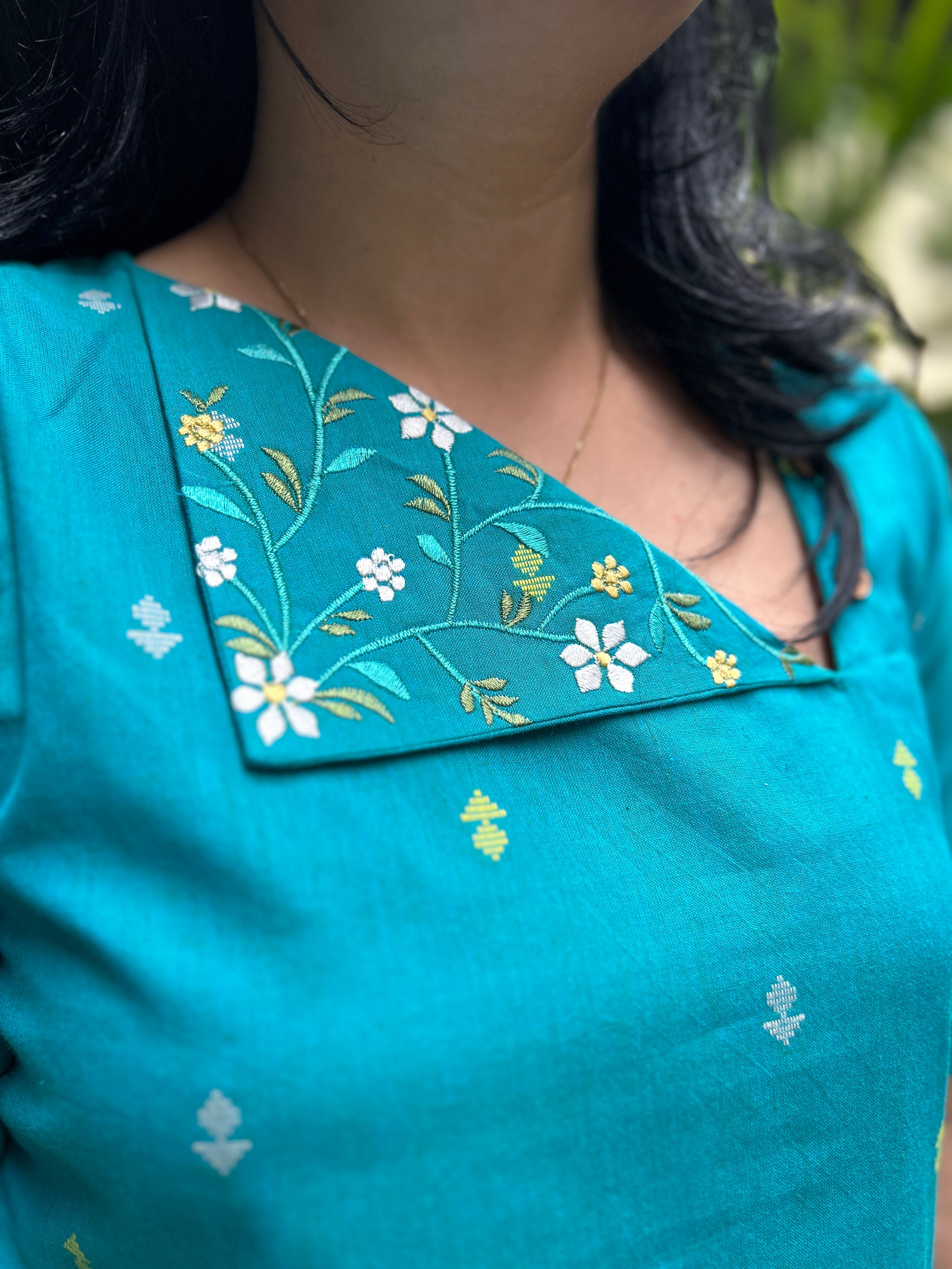Cotton Kurti with Printed Yoke - Teal
