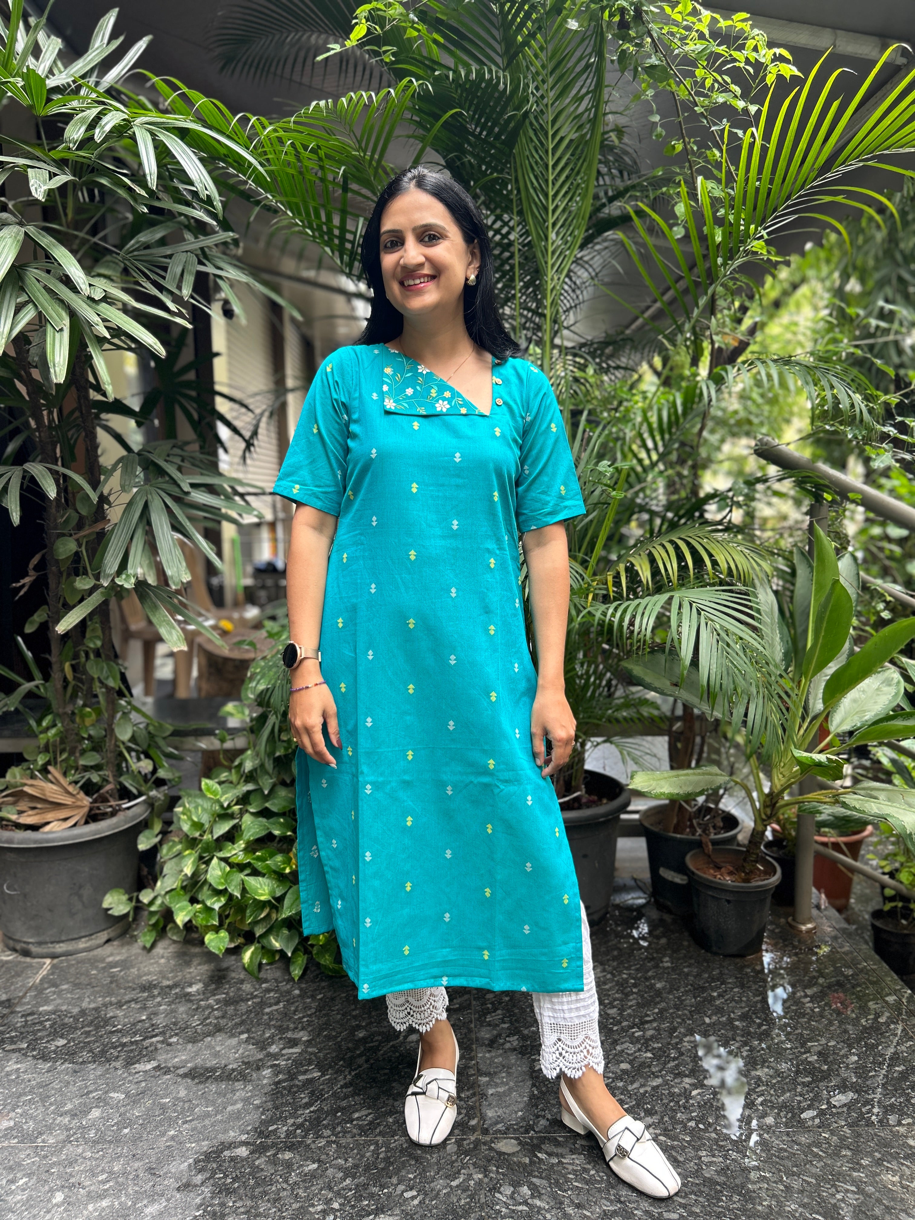 Cotton Kurti with Printed Yoke - Teal