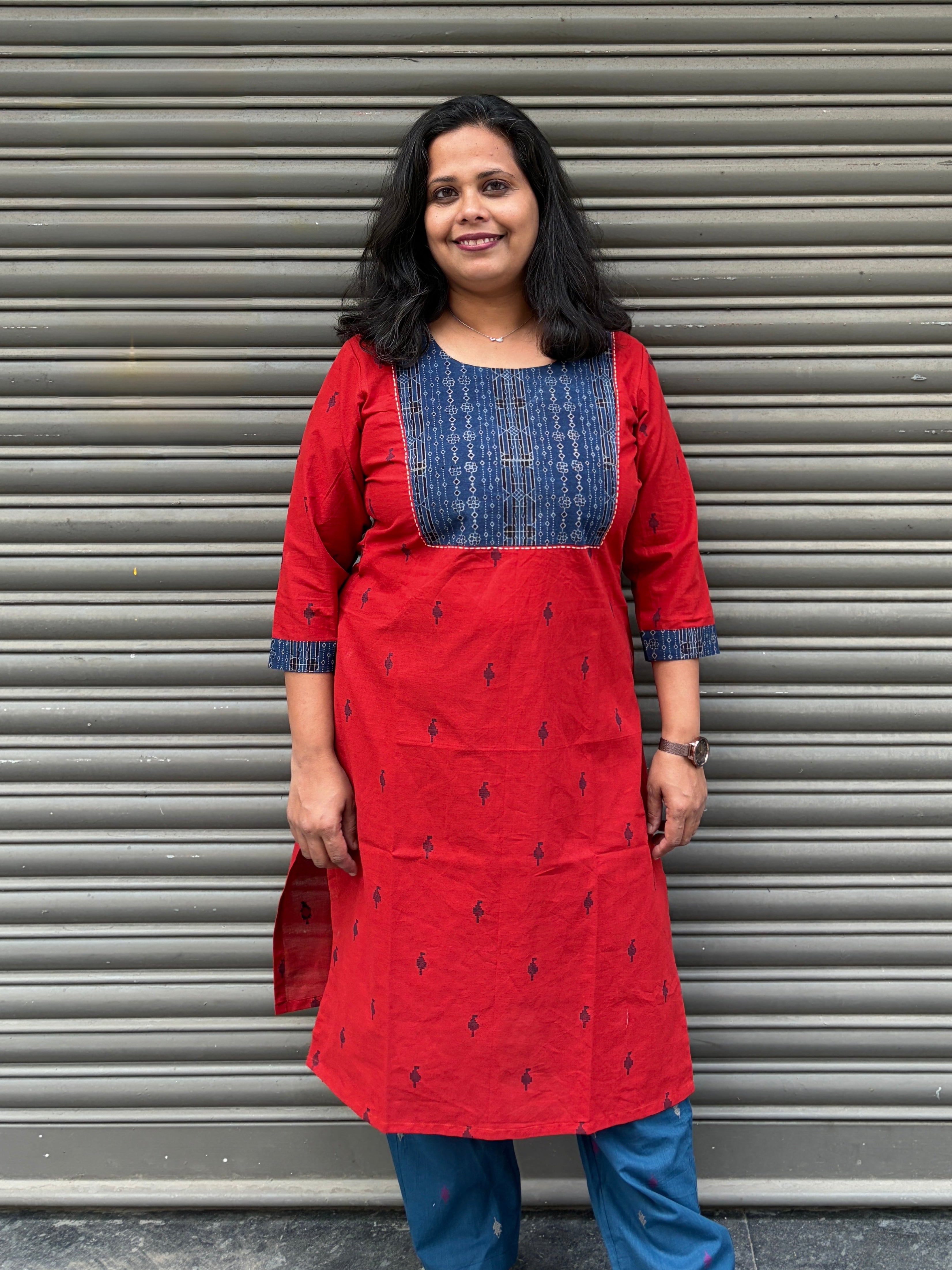 Woman's Semi Festive Cotton Kurti - Red & Blue