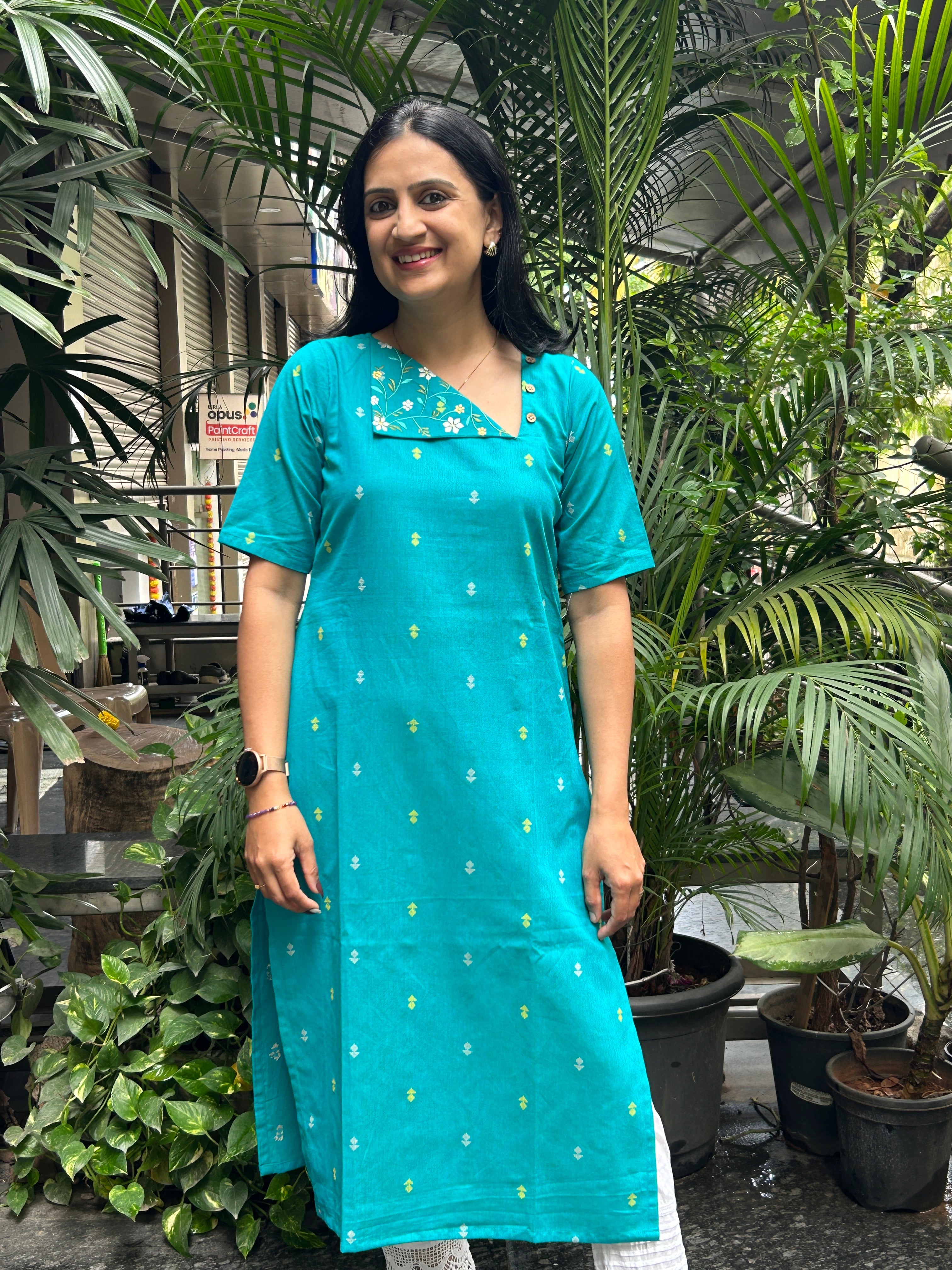 Cotton Kurti with Printed Yoke - Teal