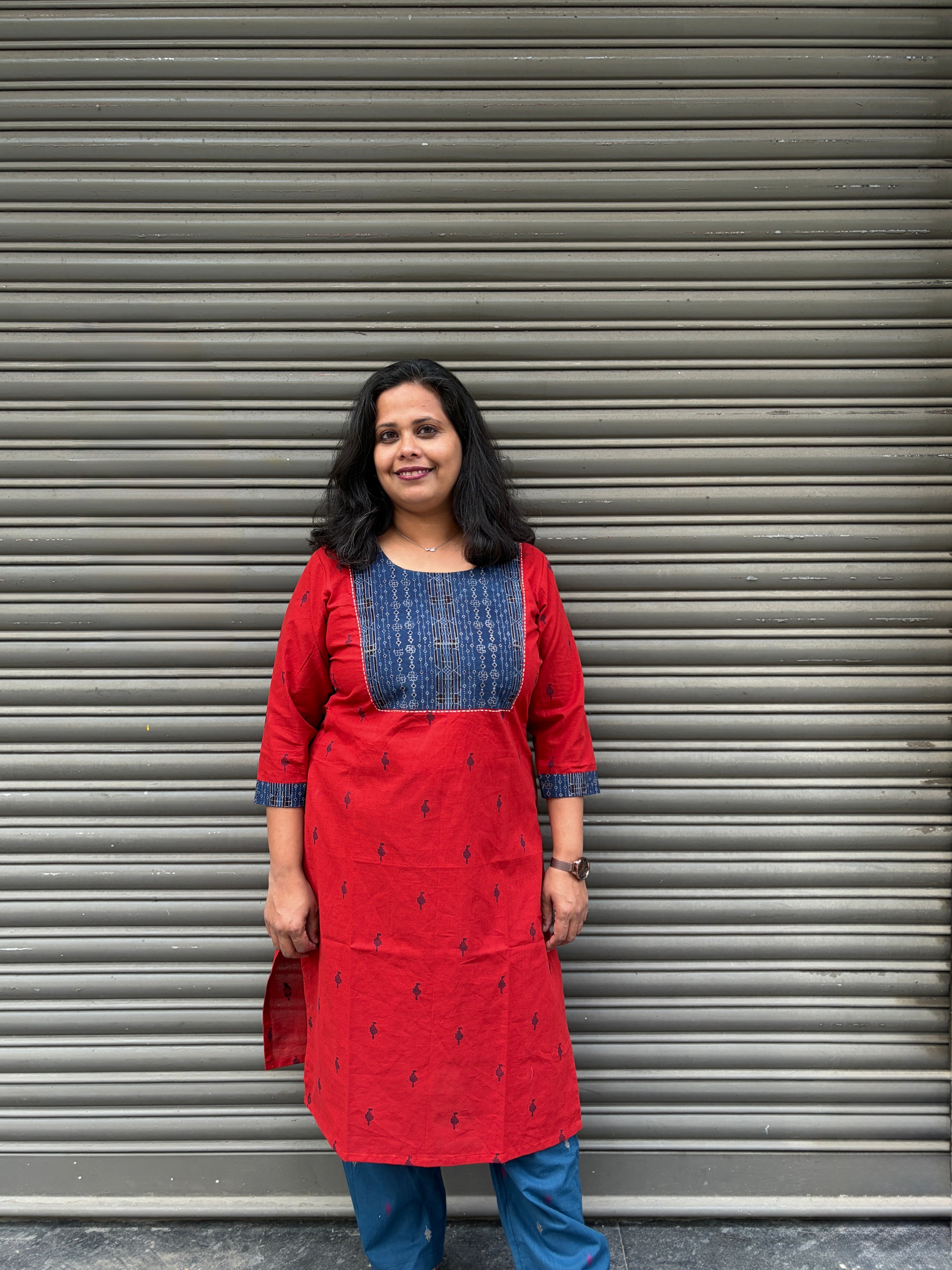 Woman's Semi Festive Cotton Kurti - Red & Blue