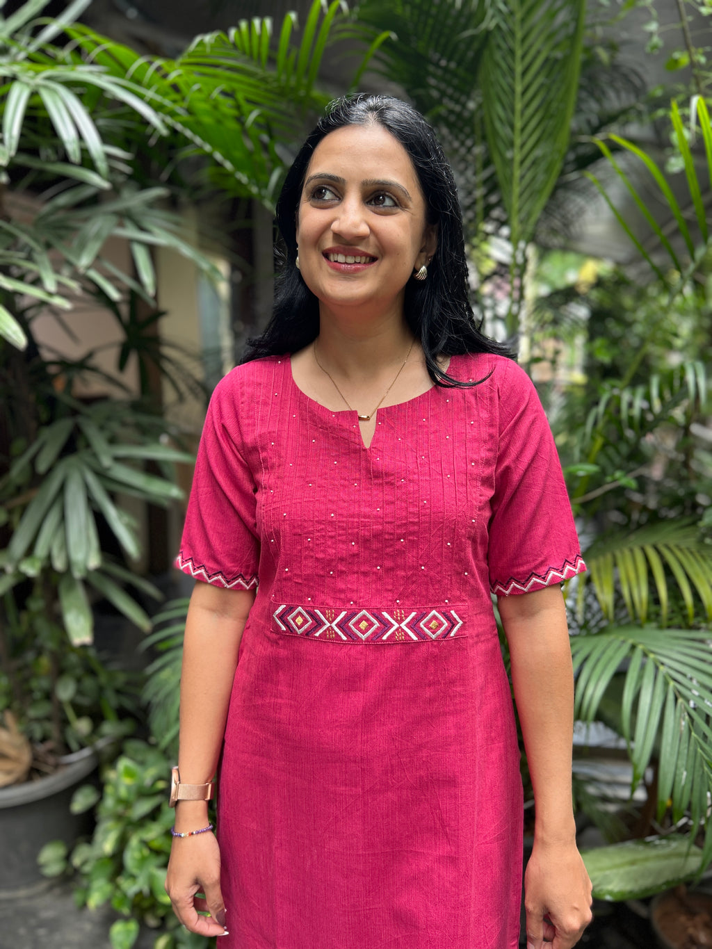 Cotton Kurti with Handwork - Pink
