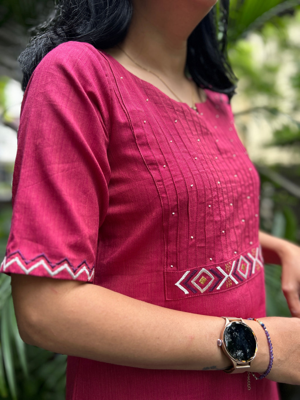 Cotton Kurti with Handwork - Pink