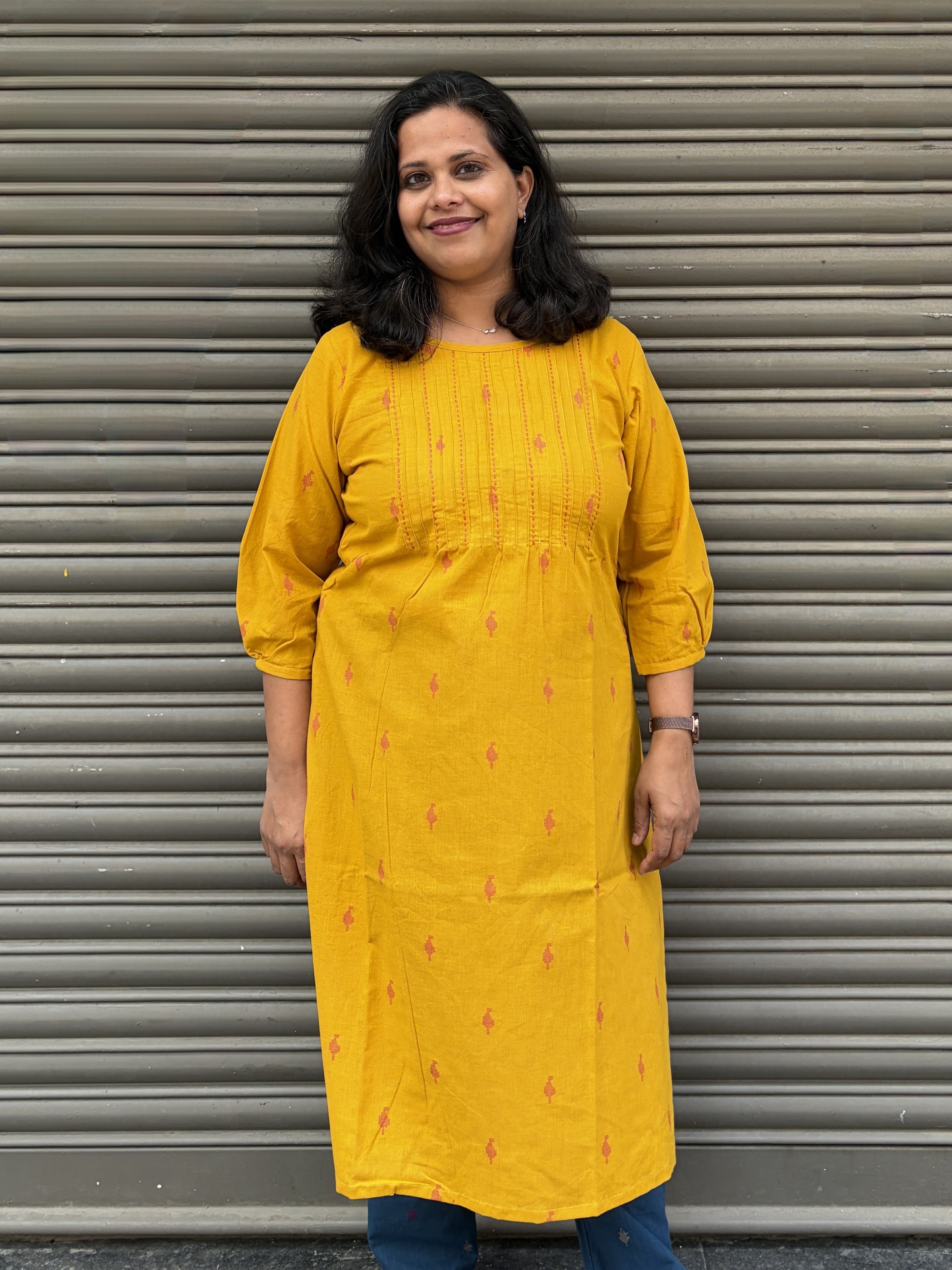Woman's Semi Festive Cotton Kurti - Yellow