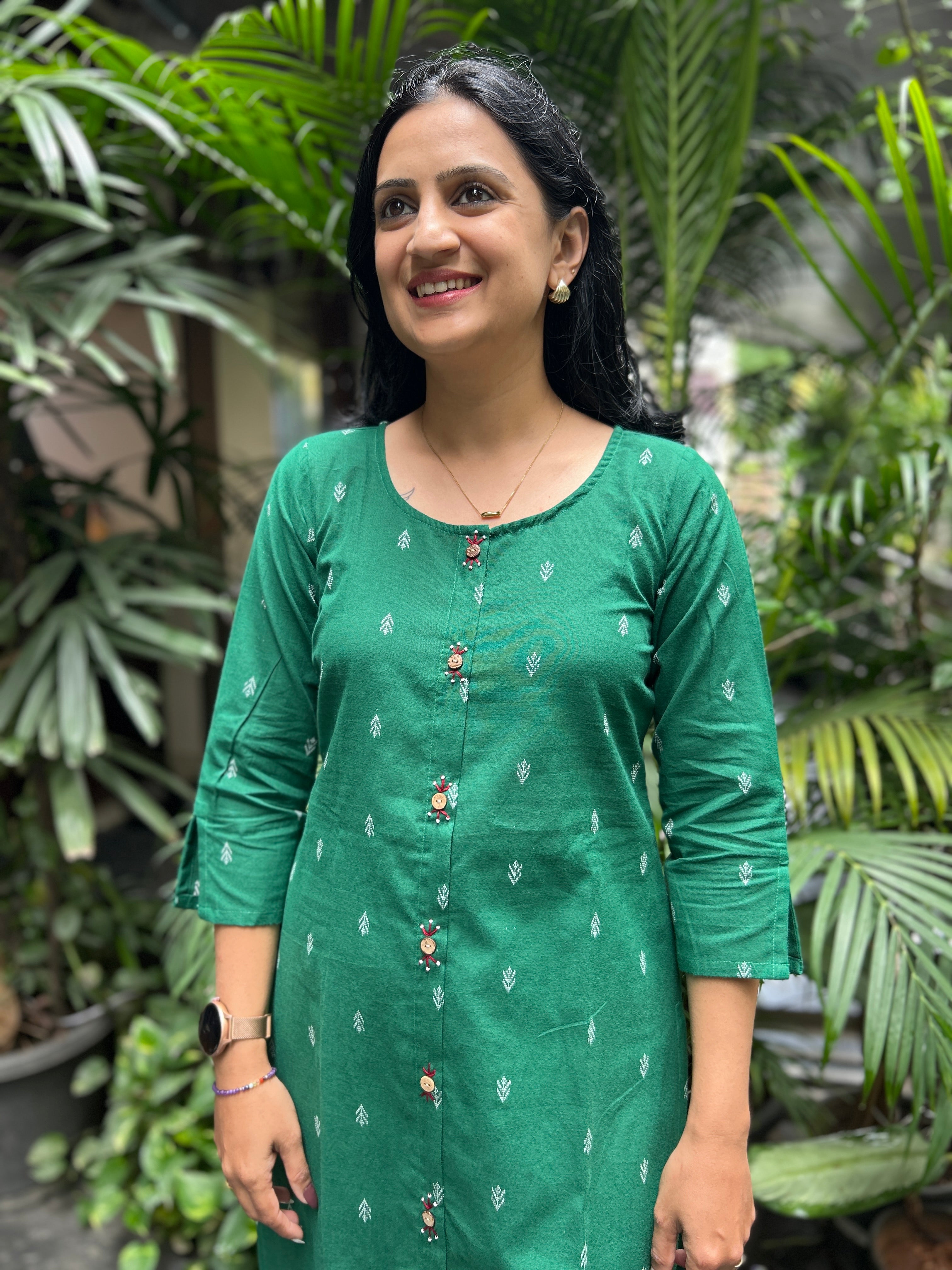 Cotton Kurti with Butti - Green