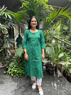 Cotton Kurti with Butti - Green