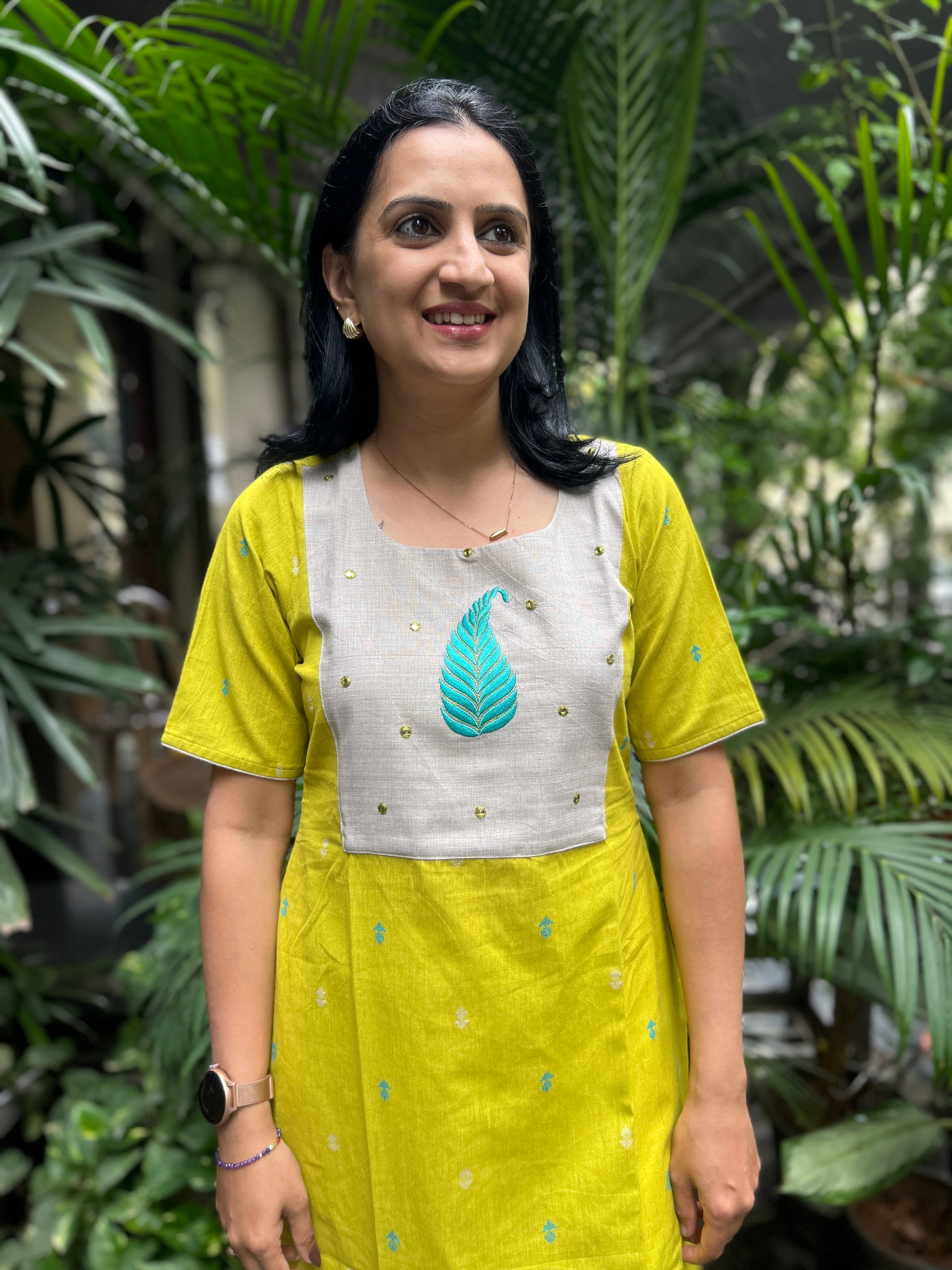 Cotton Kurti with Appliqué Yoke - Mustard Yellow