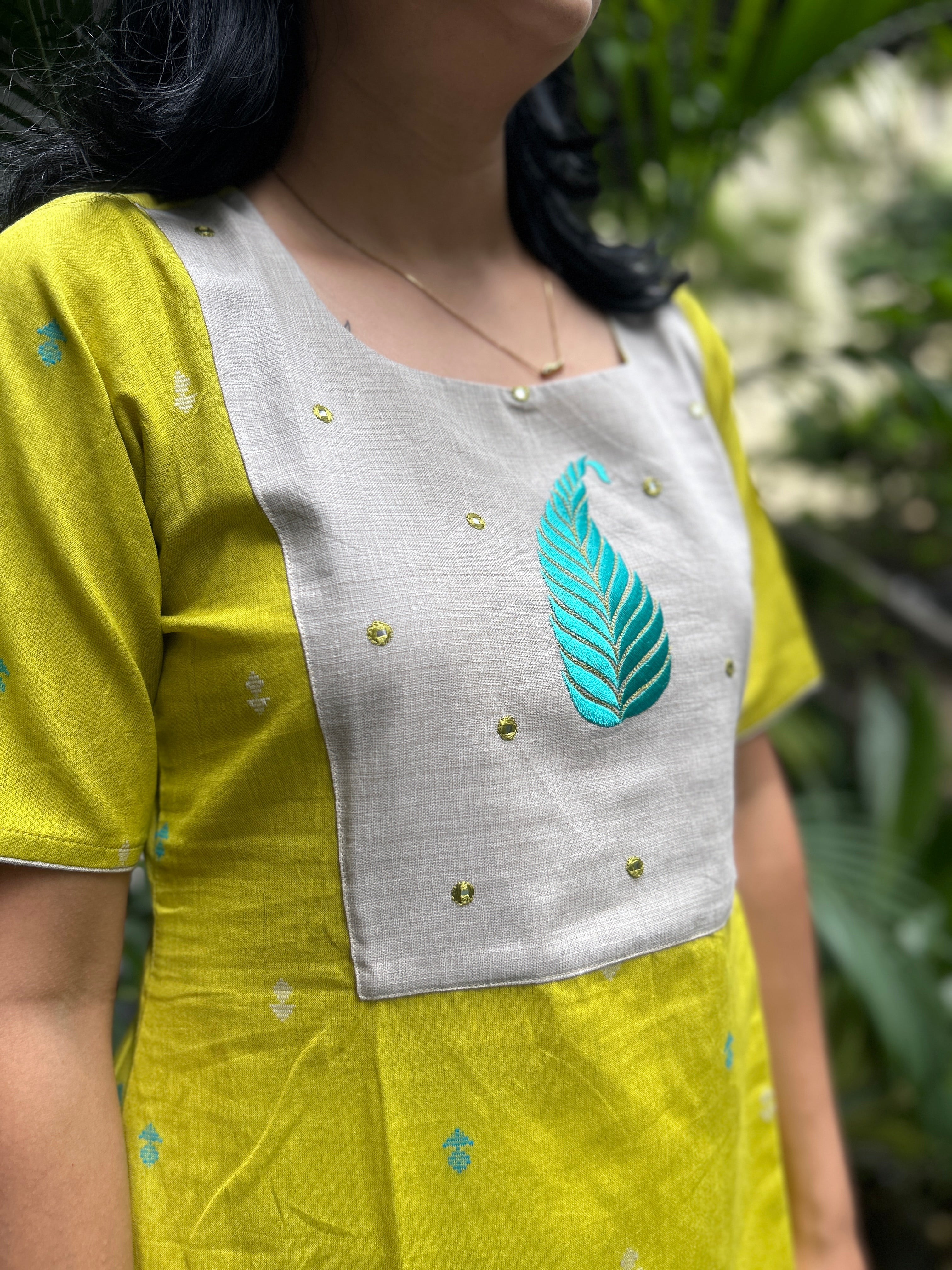 Cotton Kurti with Appliqué Yoke - Mustard Yellow