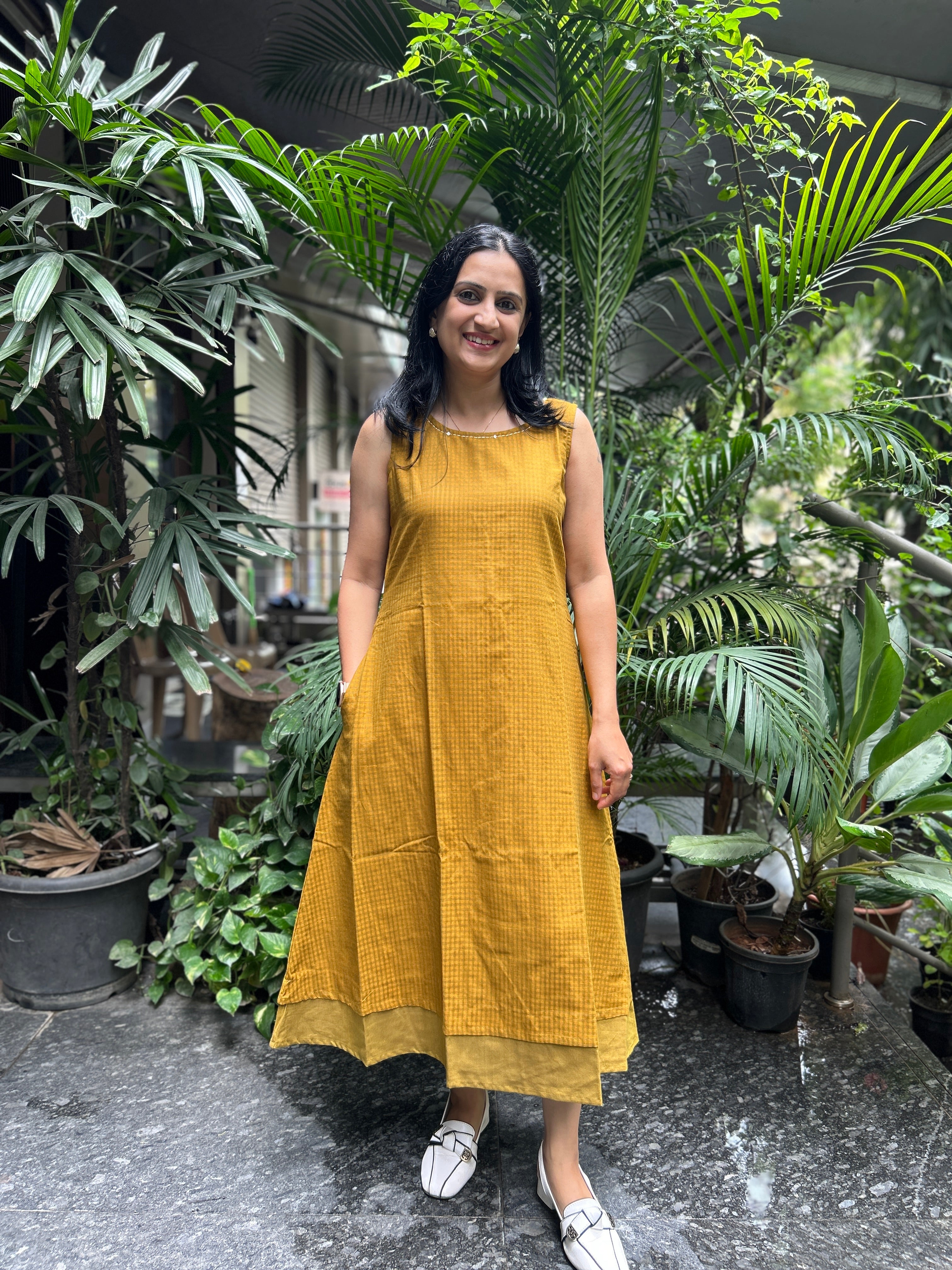 Cotton A-Line Dress - Mustard Yellow