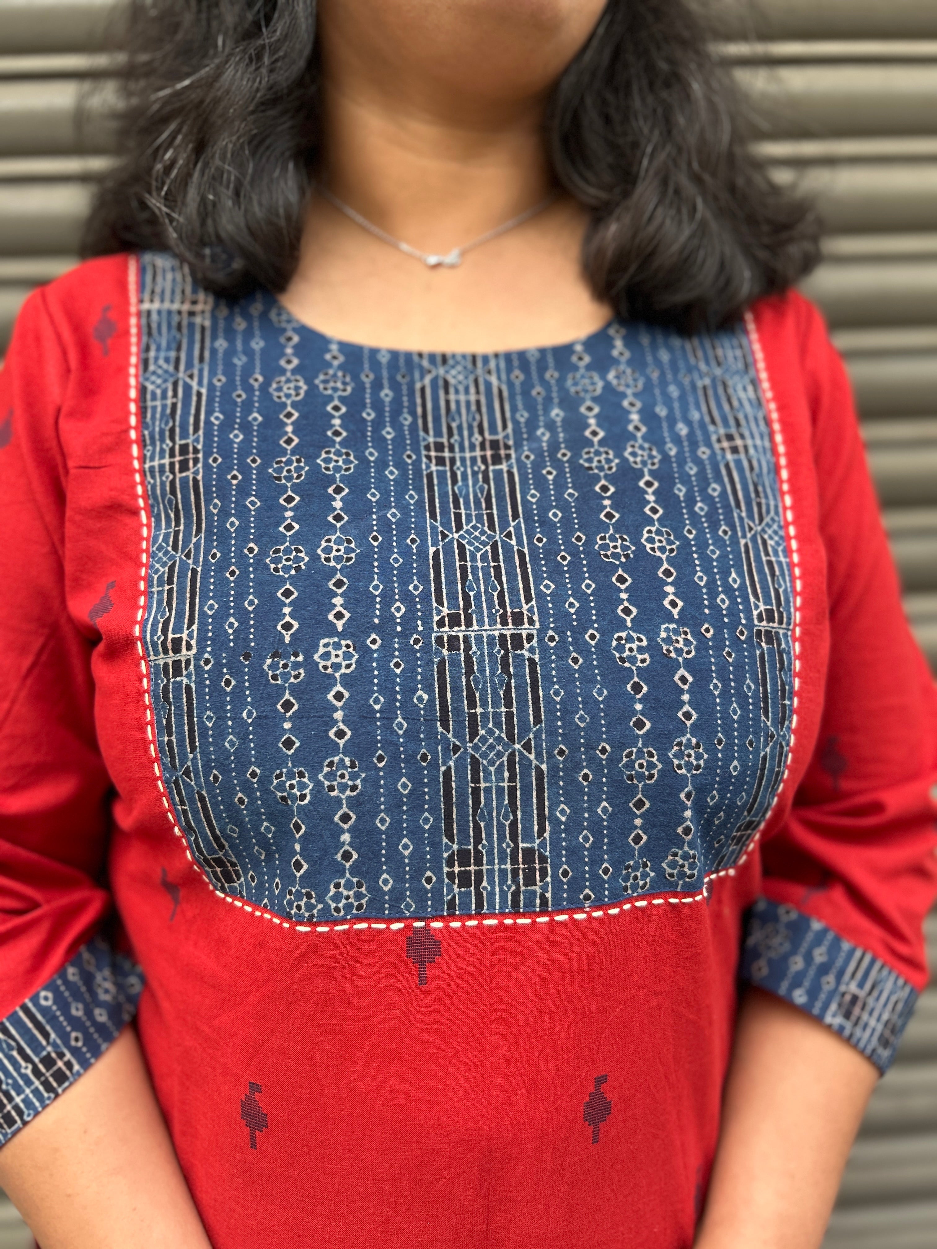 Woman's Semi Festive Cotton Kurti - Red & Blue