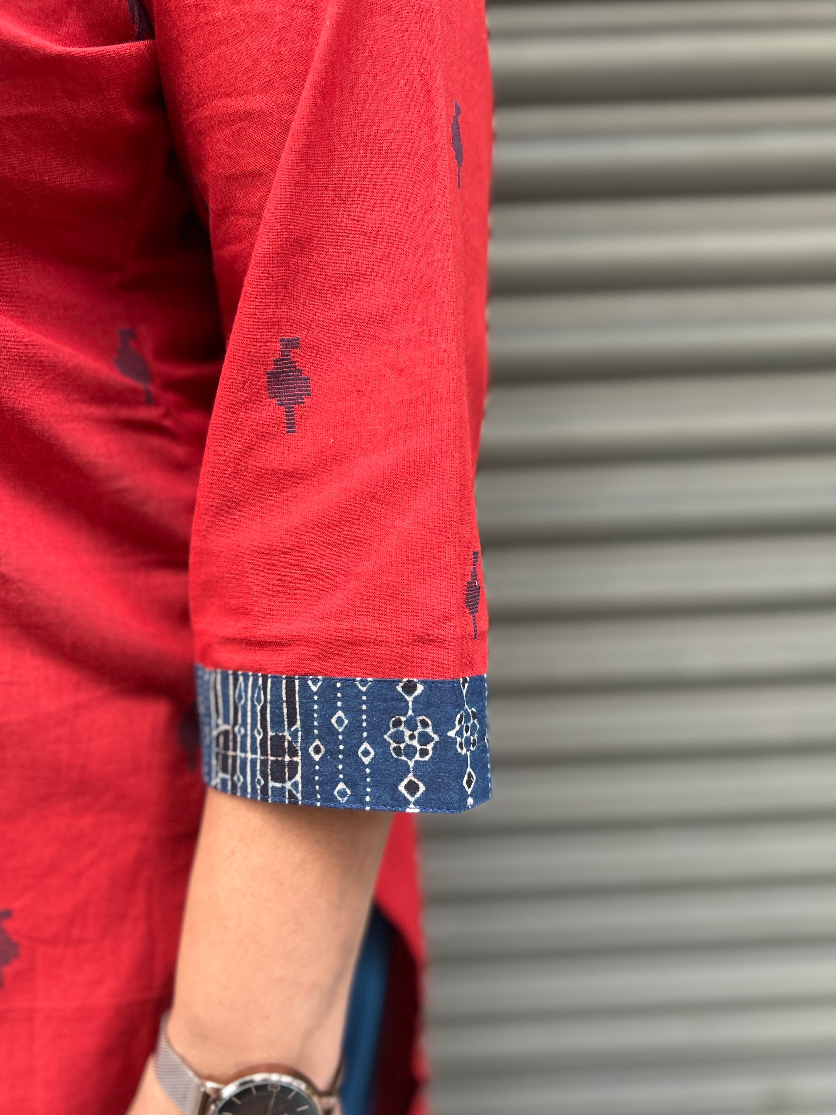 Woman's Semi Festive Cotton Kurti - Red & Blue