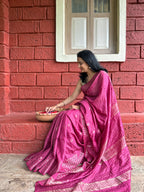 Handwoven Saree with Checked Pattern - Pink