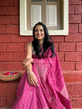 Handwoven Saree with Checked Pattern - Pink