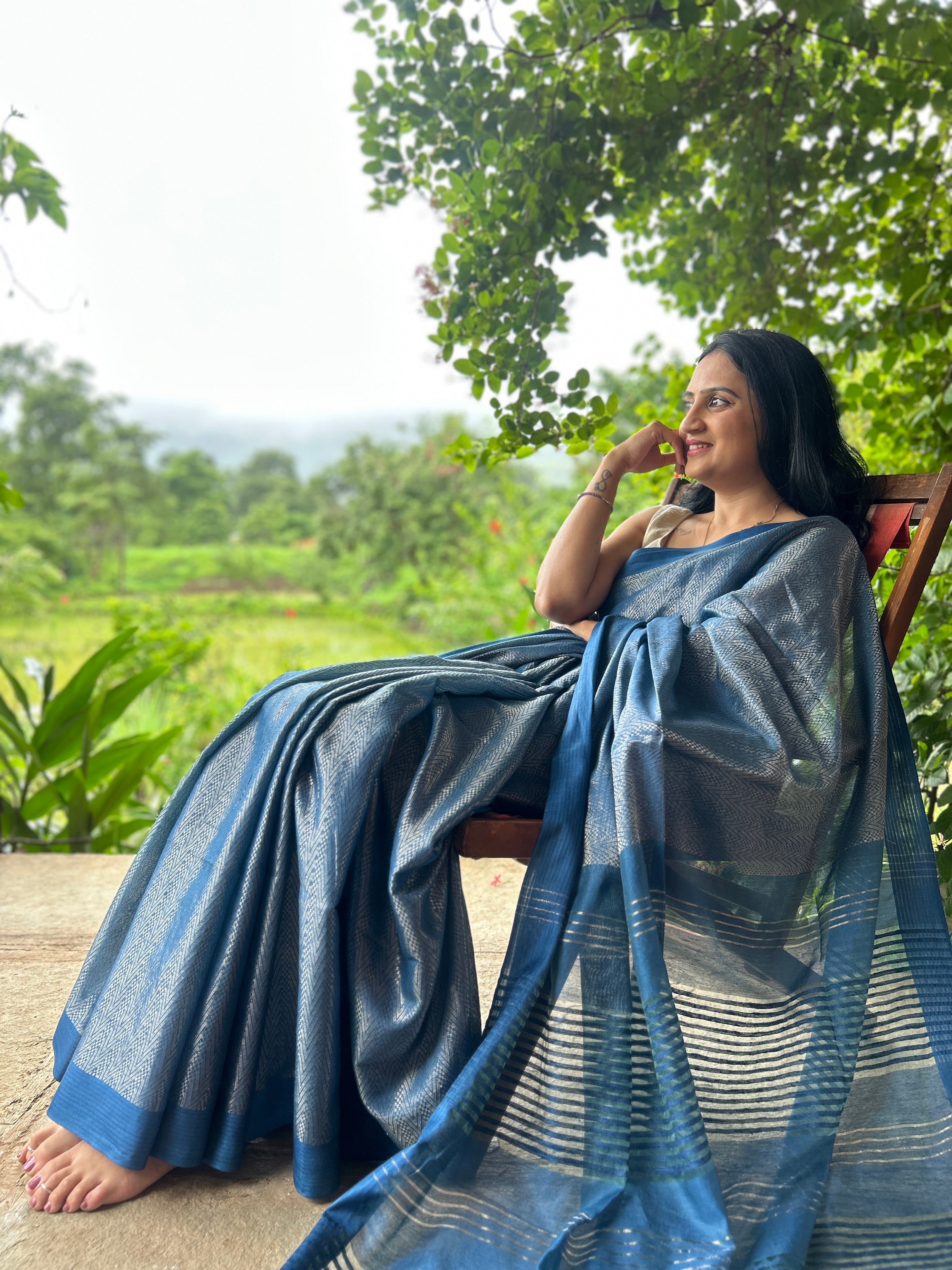 Handwoven Saree with Geometric Motifs - Blue