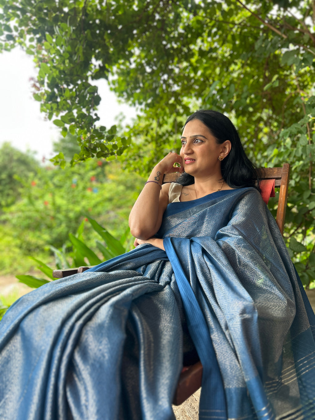 Handwoven Saree with Geometric Motifs - Blue
