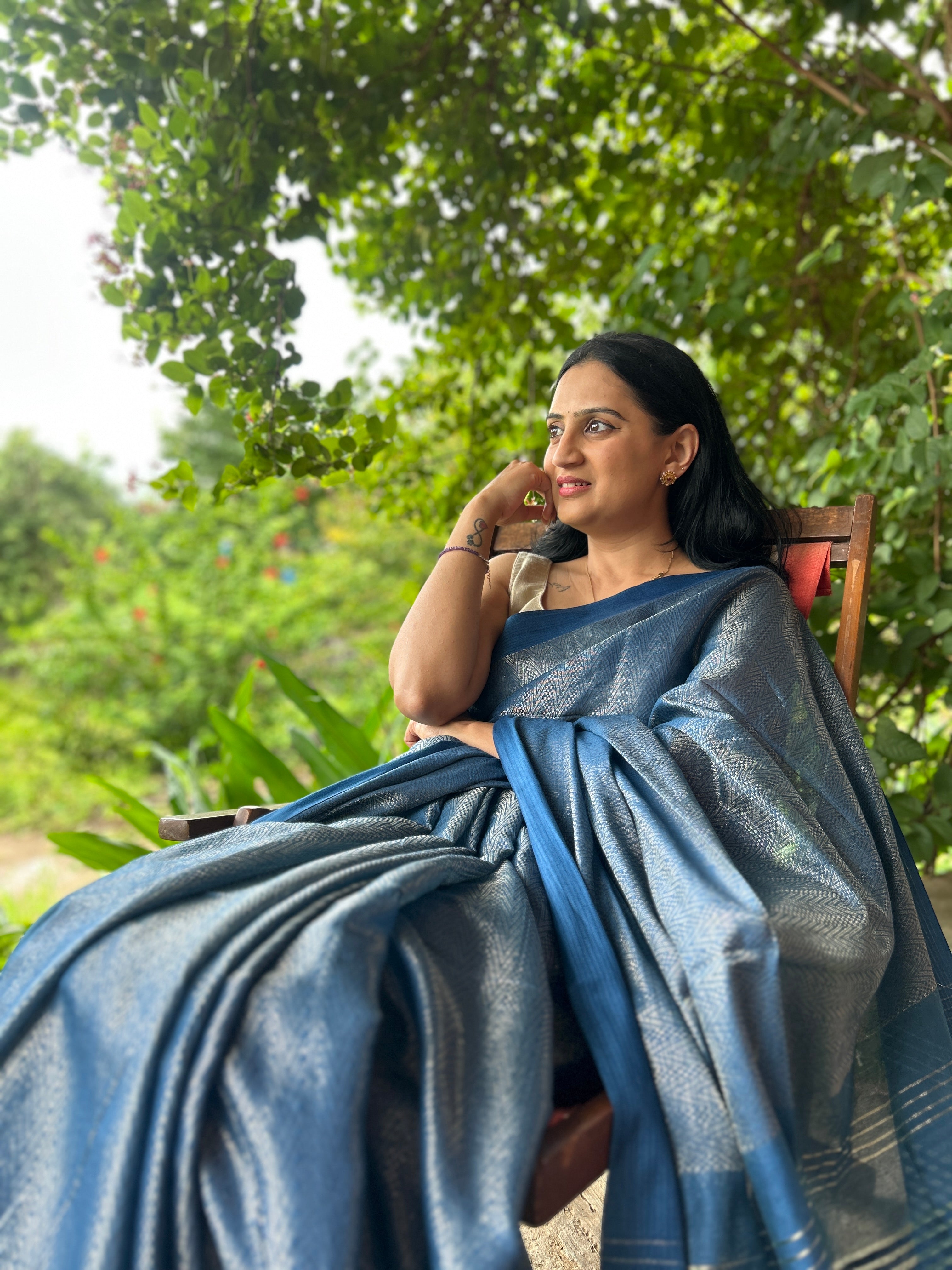 Handwoven Saree with Geometric Motifs - Blue