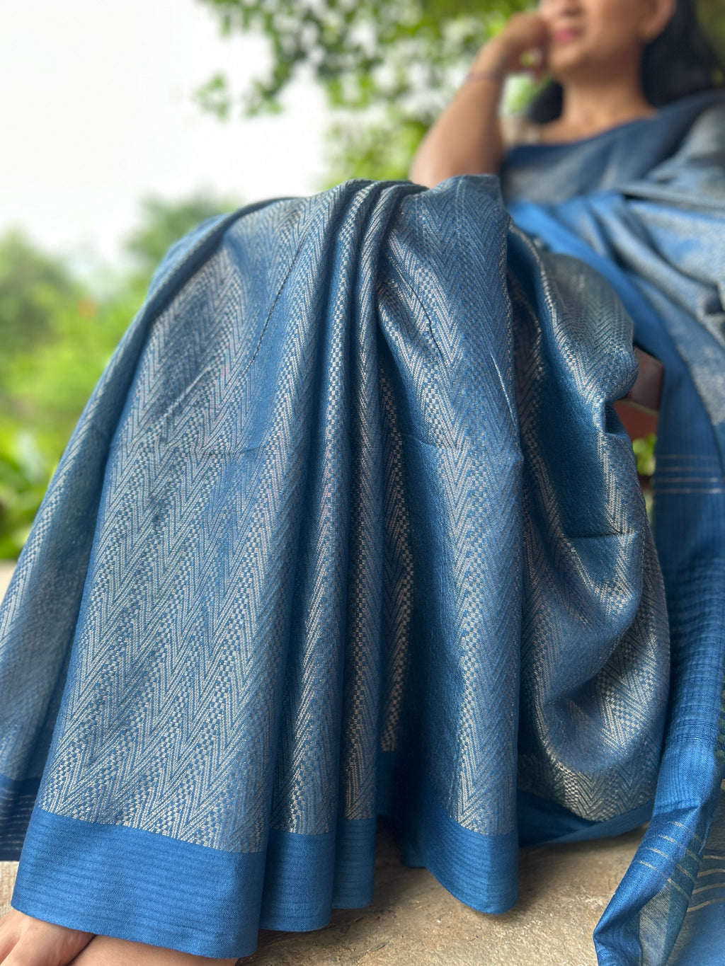 Handwoven Saree with Geometric Motifs - Blue