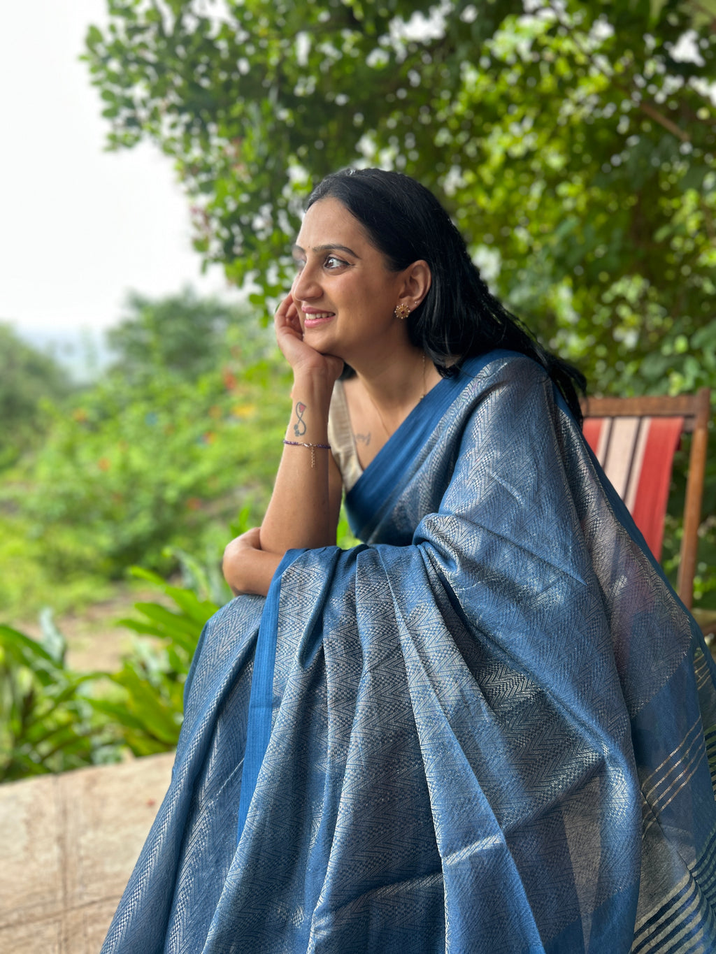 Handwoven Saree with Geometric Motifs - Blue