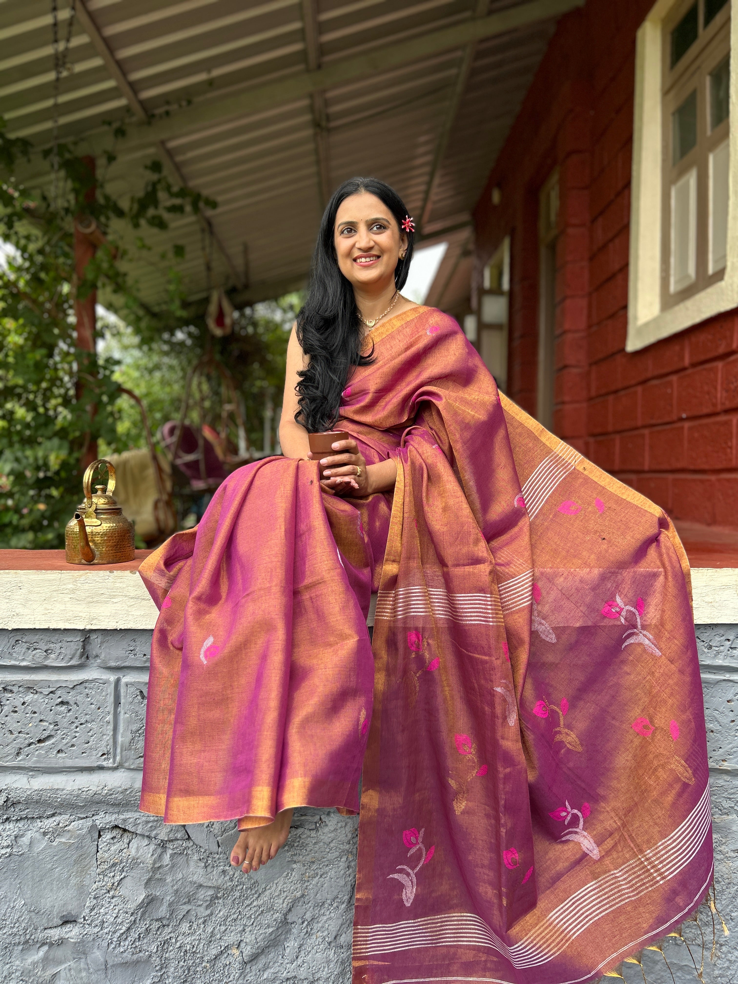 Magenta & Wine Handwoven Saree with Floral Motifs