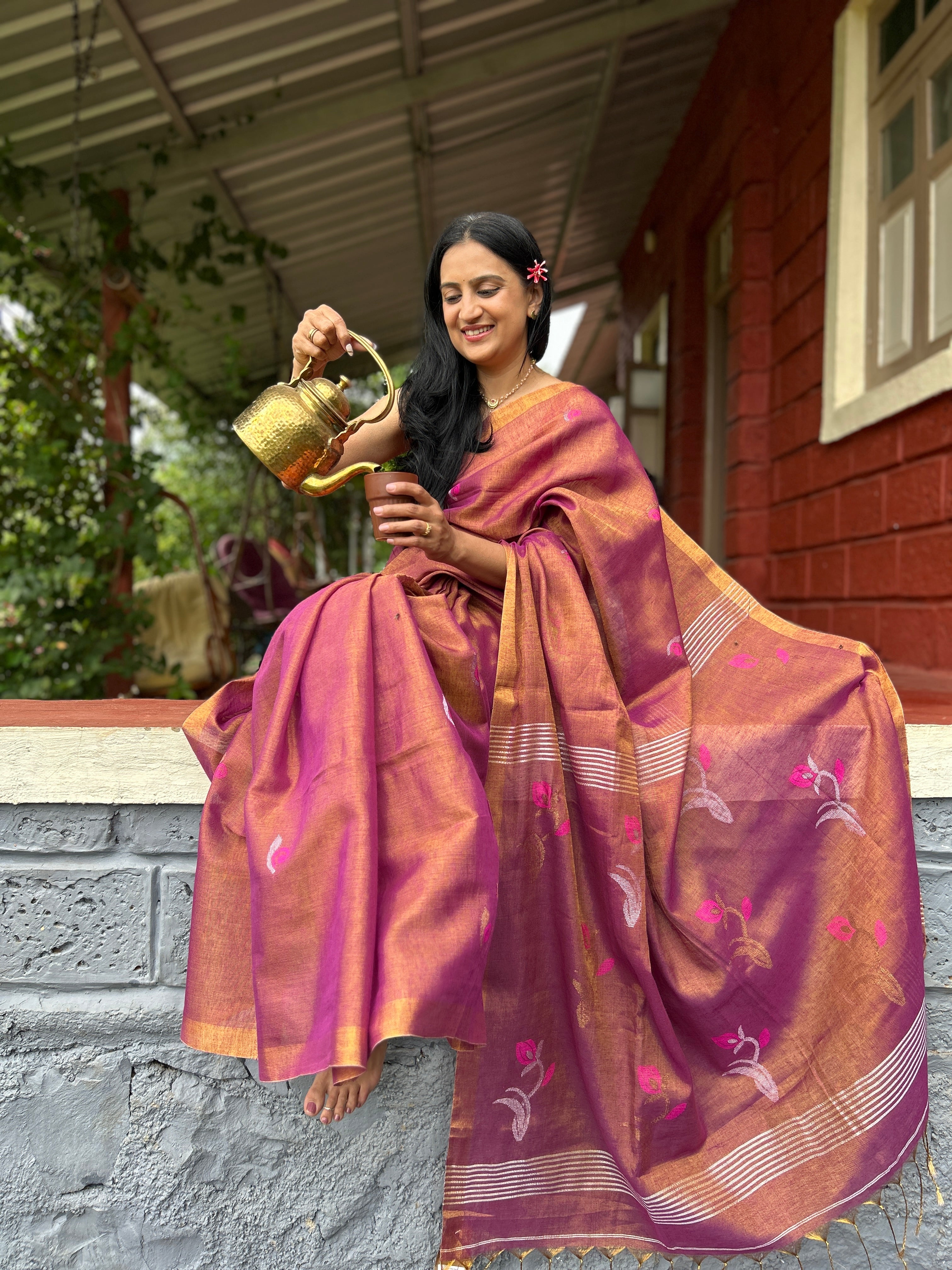 Magenta & Wine Handwoven Saree with Floral Motifs