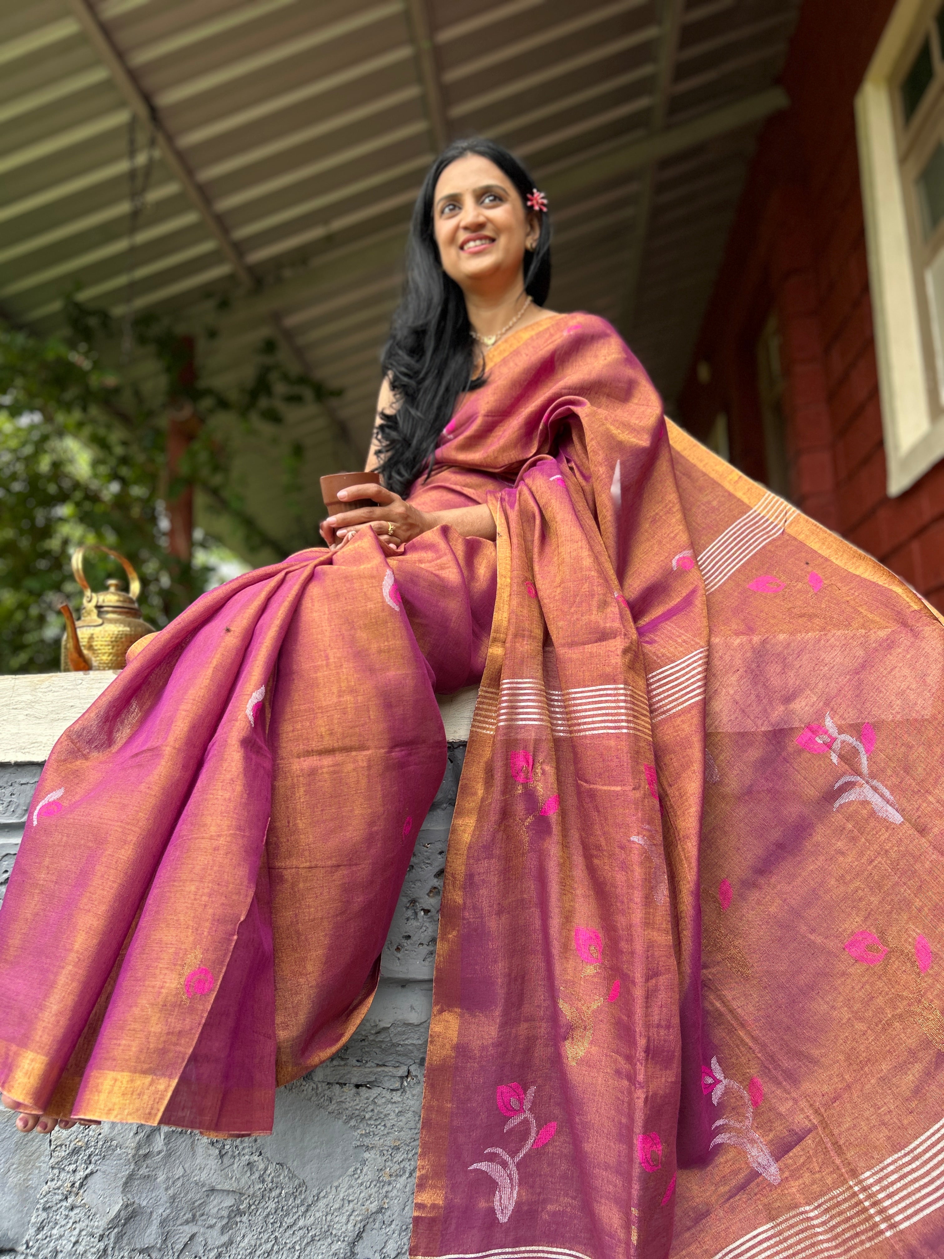 Magenta & Wine Handwoven Saree with Floral Motifs