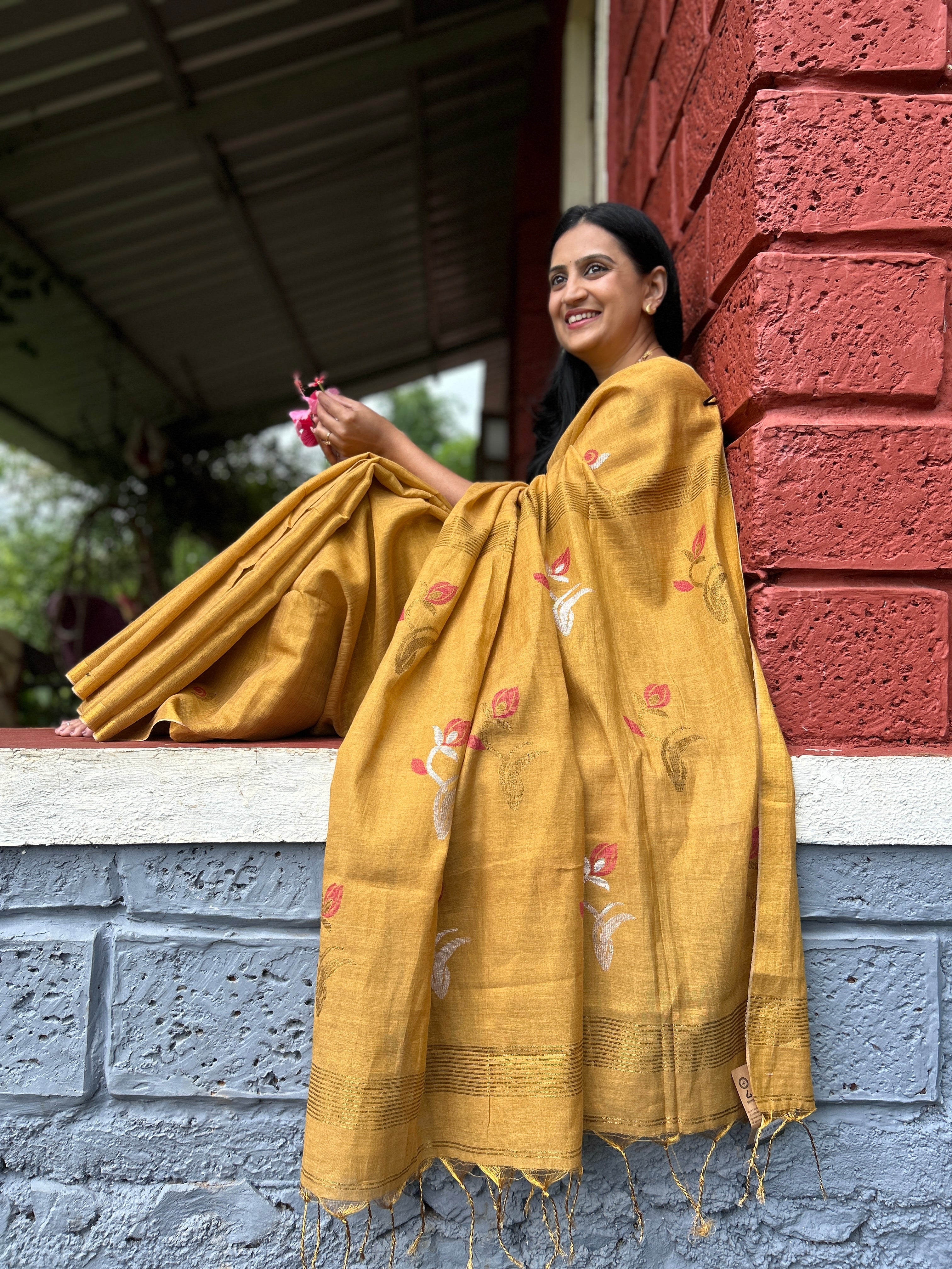 Mustard Yellow Handwoven Saree with Floral Motifs