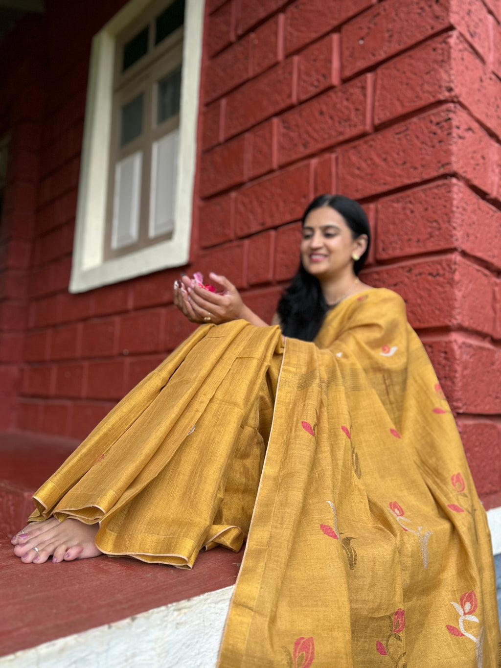 Mustard Yellow Handwoven Saree with Floral Motifs