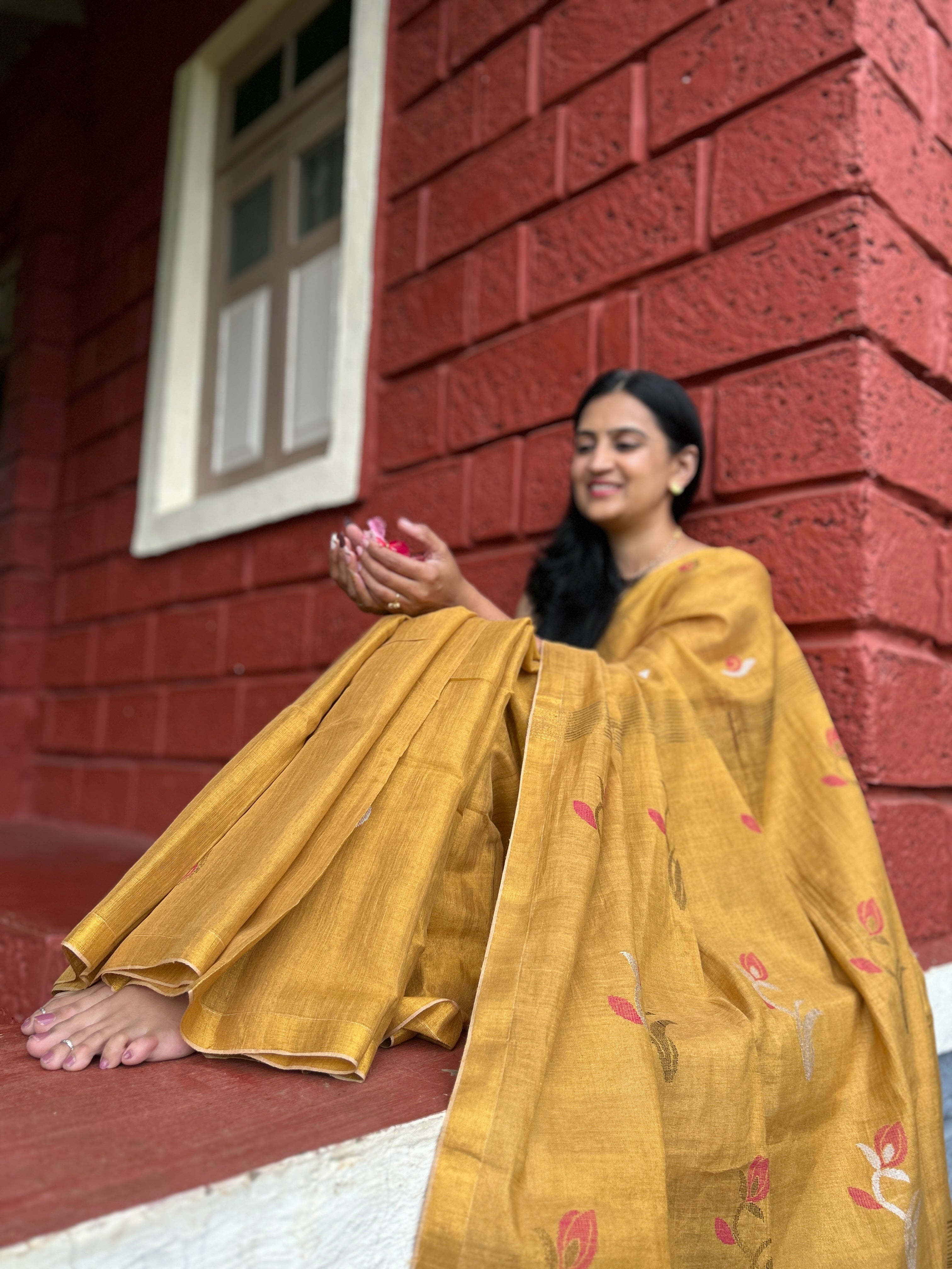 Mustard Yellow Handwoven Saree with Floral Motifs