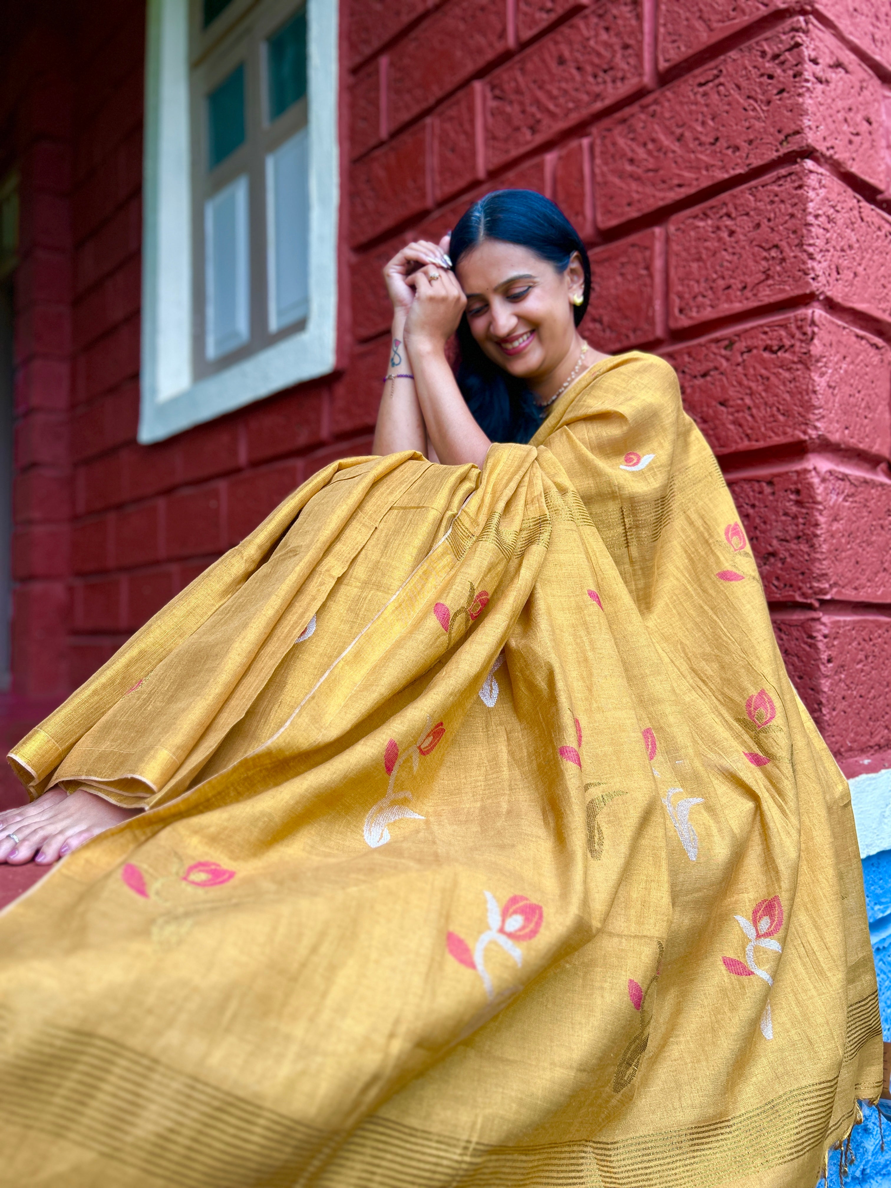 Mustard Yellow Handwoven Saree with Floral Motifs