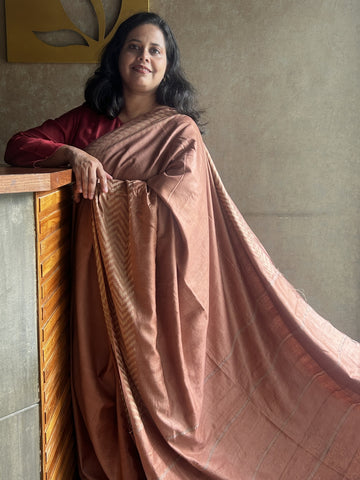 Cotton Silk Saree with Self-Color Handstitched Border - Brown
