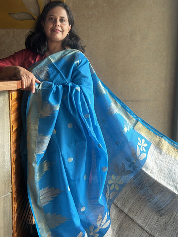Muslin Jamdani Saree with Jute Pallu - Blue