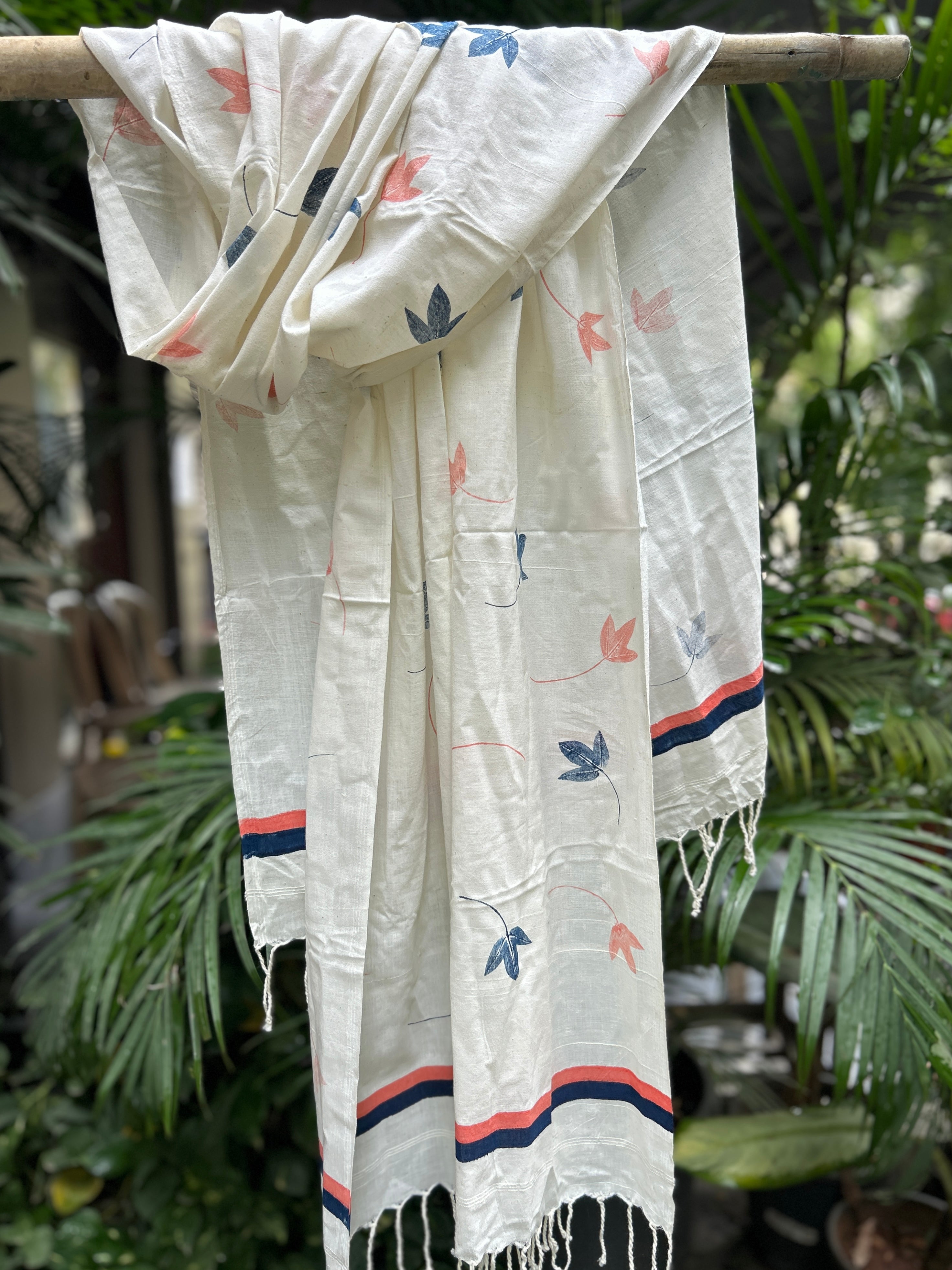 RUI - Organic Cotton Stole - Leaf Print - Peach & Blue