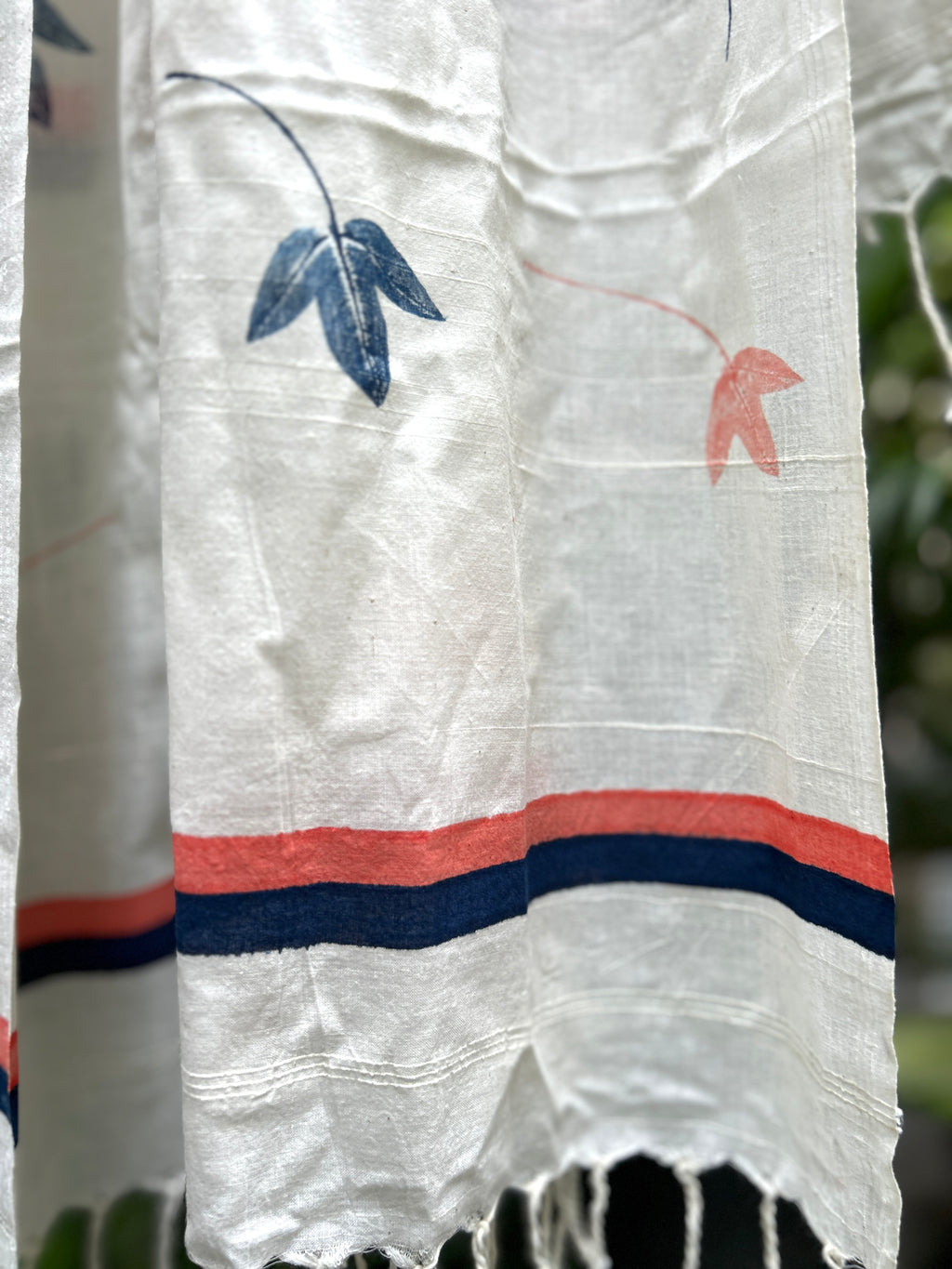 RUI - Organic Cotton Stole - Leaf Print - Peach & Blue