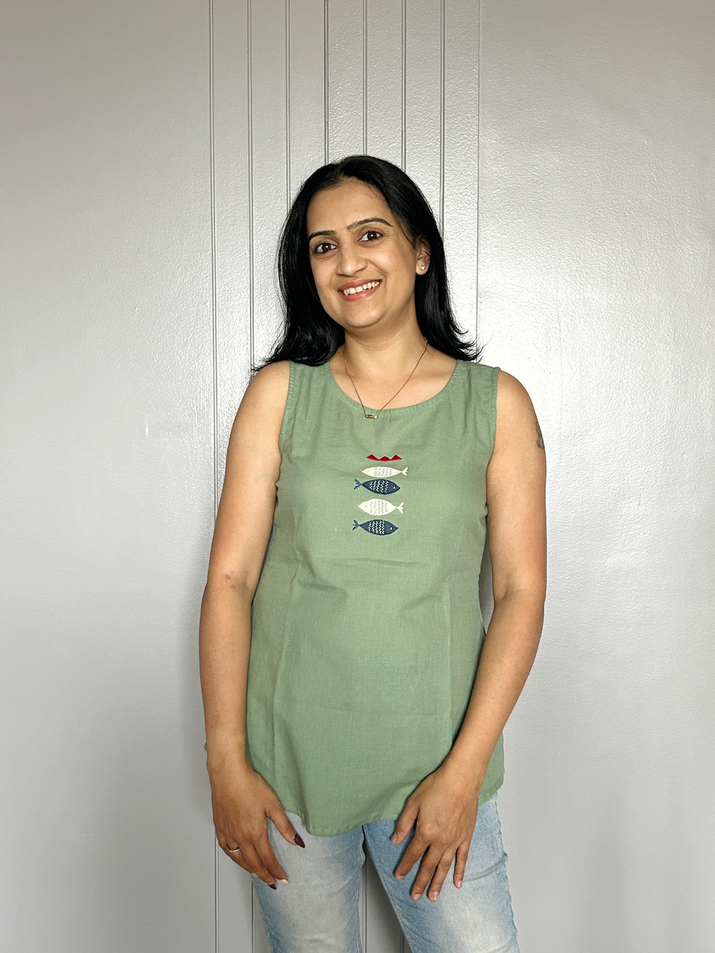Fish Motif Cotton Top - Sage Green