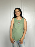 Fish Motif Cotton Top - Sage Green