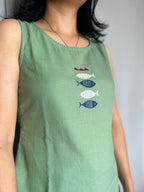 Fish Motif Cotton Top - Sage Green