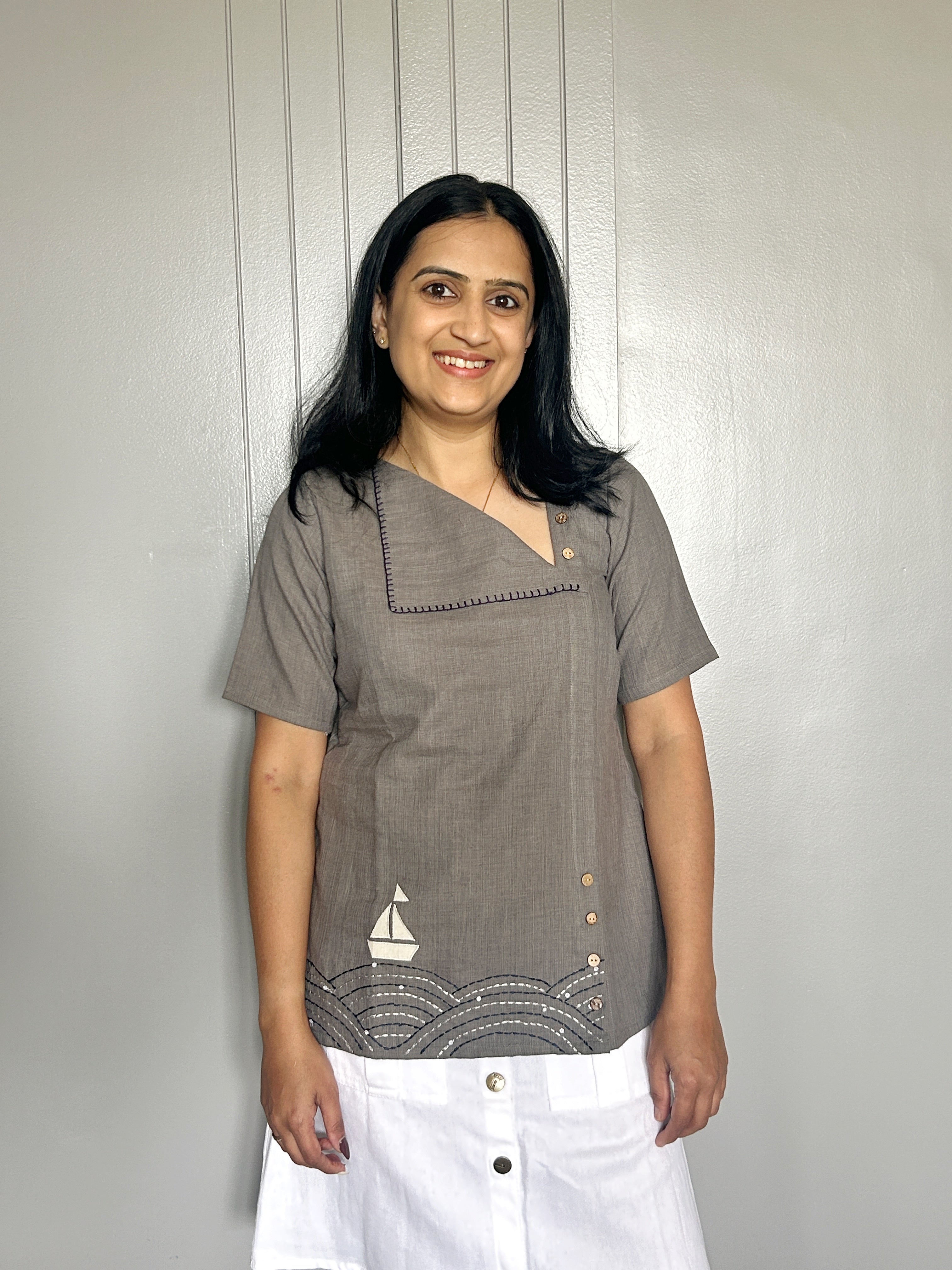 Sea-Inspired Pure Cotton Top - Grey