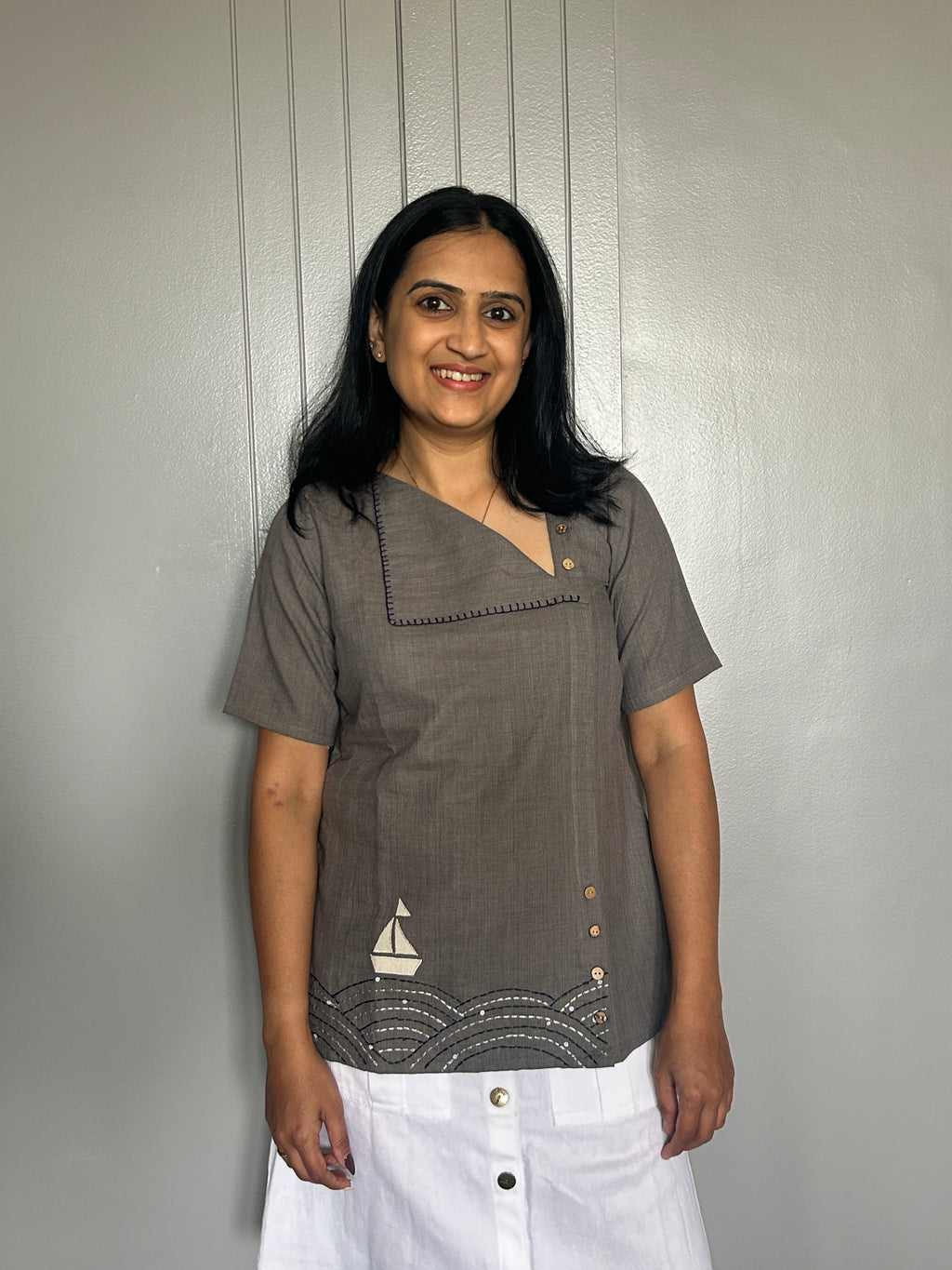 Sea-Inspired Pure Cotton Top - Grey