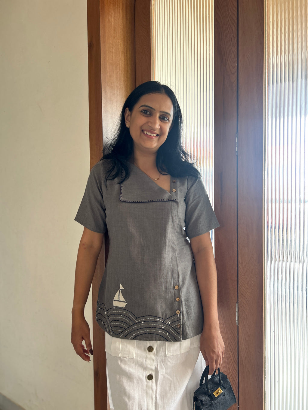 Sea-Inspired Pure Cotton Top - Grey
