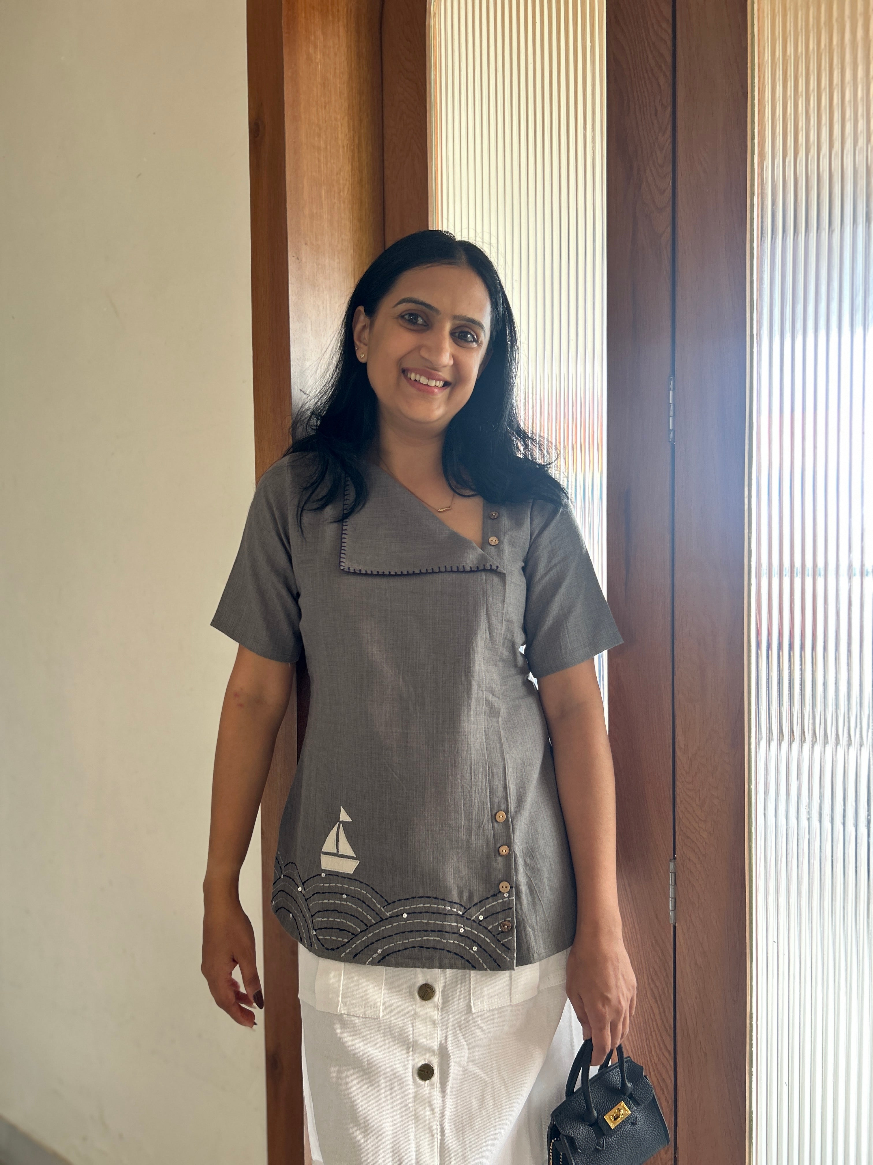 Sea-Inspired Pure Cotton Top - Grey