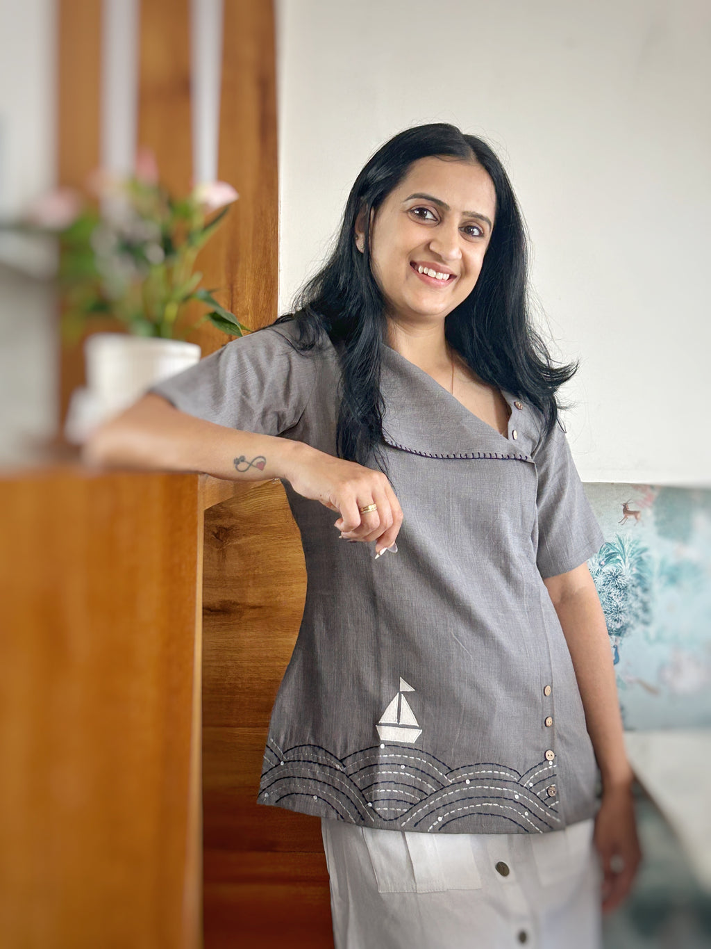 Sea-Inspired Pure Cotton Top - Grey
