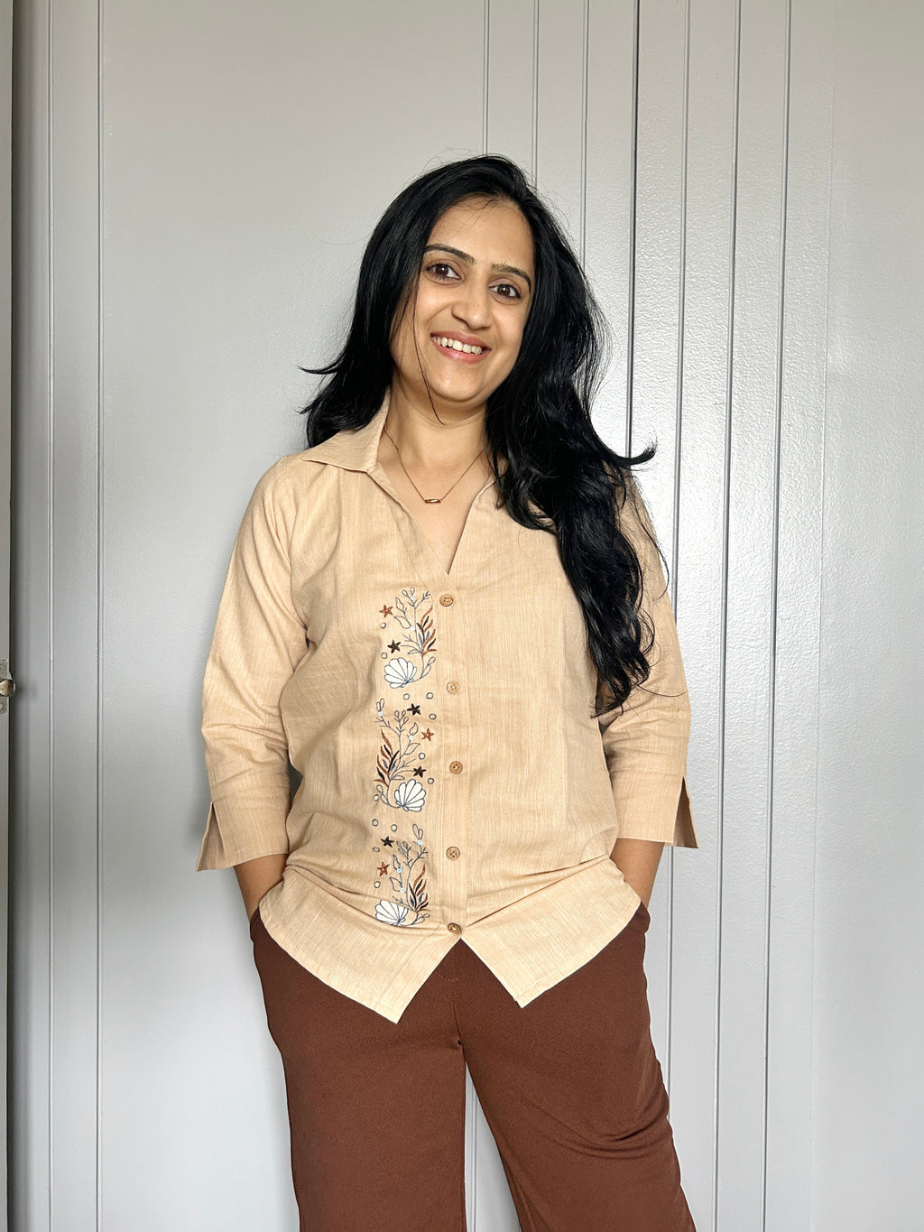 Embroidered Shirt Top - Peach